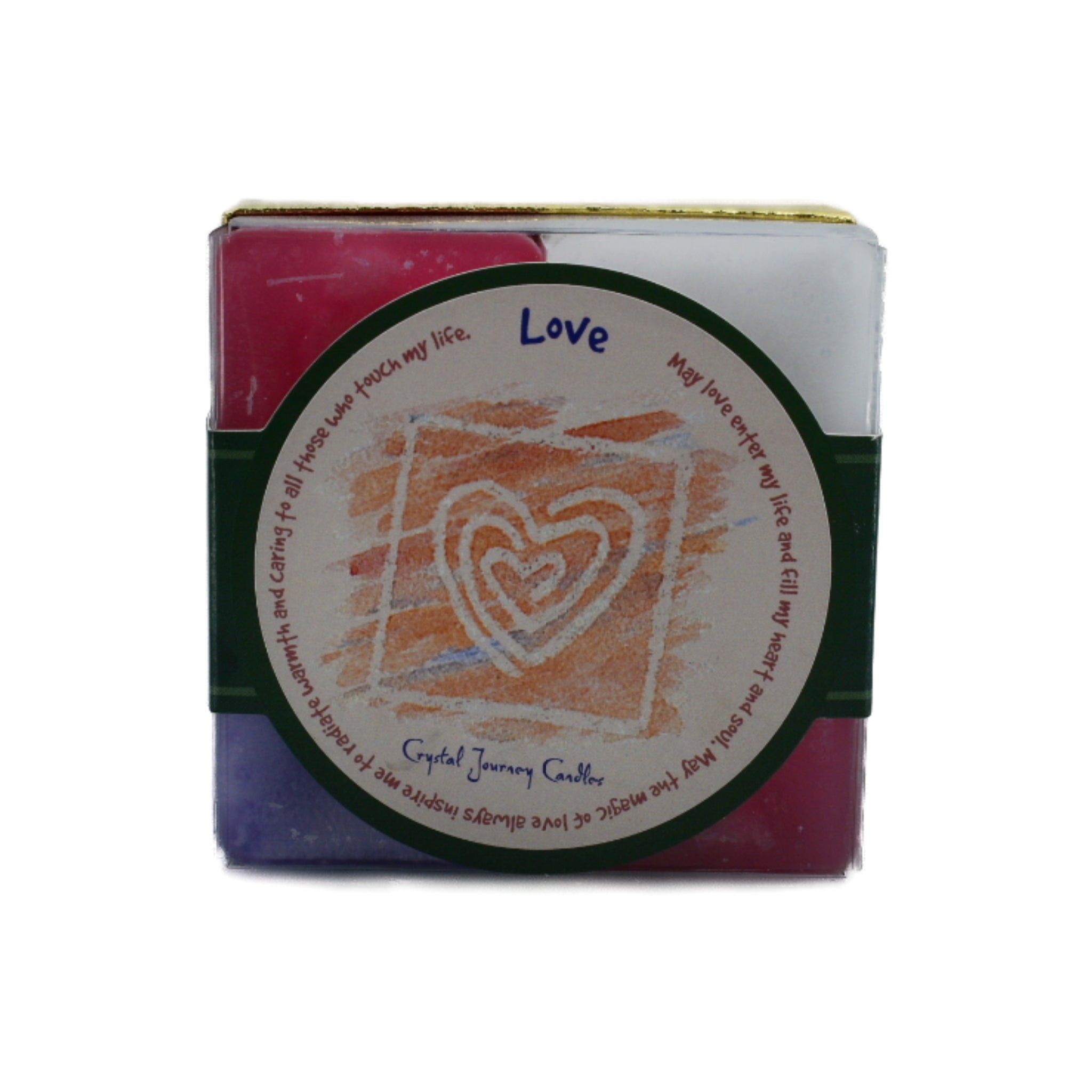 Love Square Pack Candle.  This pack has a violet colored harmony candle, a white spirit candle and two pink love candles.  Light them up to bring the love into your heart and soul.
