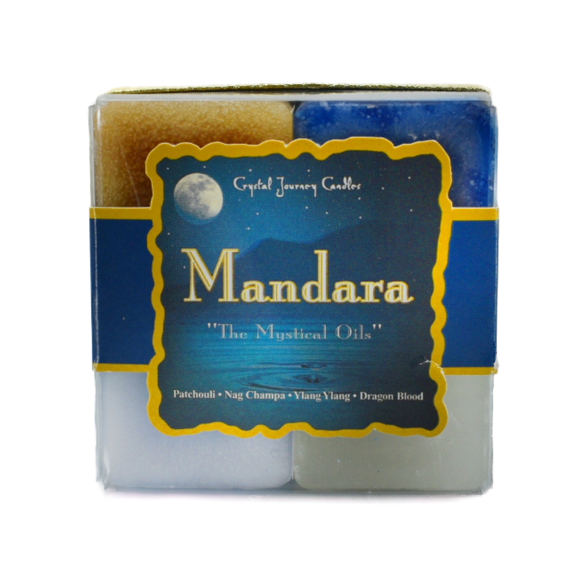 Mandara Square Pack Candle.  Candle scented with "The Mystical Oils" patchouli, nag champa, slang slang, and mystical dragon's blood.  These plans are celebrated for their magical properties that many believe they possess.  The plants a celebrated for their sensory qualities.  