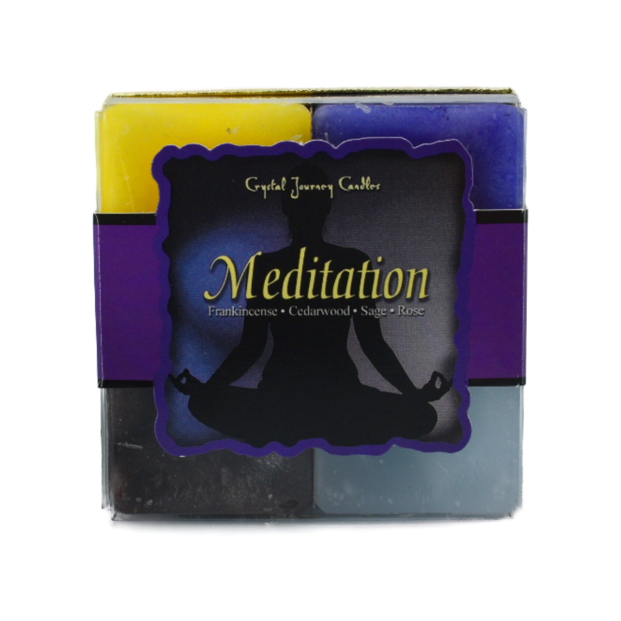 Meditation Square Pack Candle.  A set of four candles uniquely created to help you reach your inner space whenever you need to reflect on life's journey.  Candles are scented with frankincense, cedar wood, sage and rose. 