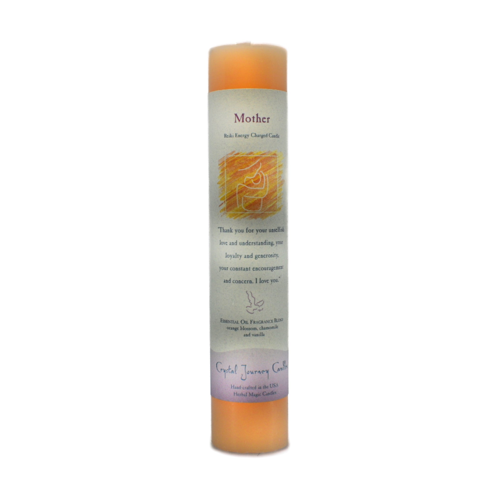 Mother Pillar Candle.  Use this candle to guide a mother and child's love in a positive light.  This candle is made in New England.  It is scented with essential oils of blossom, chamomile and vanilla.  