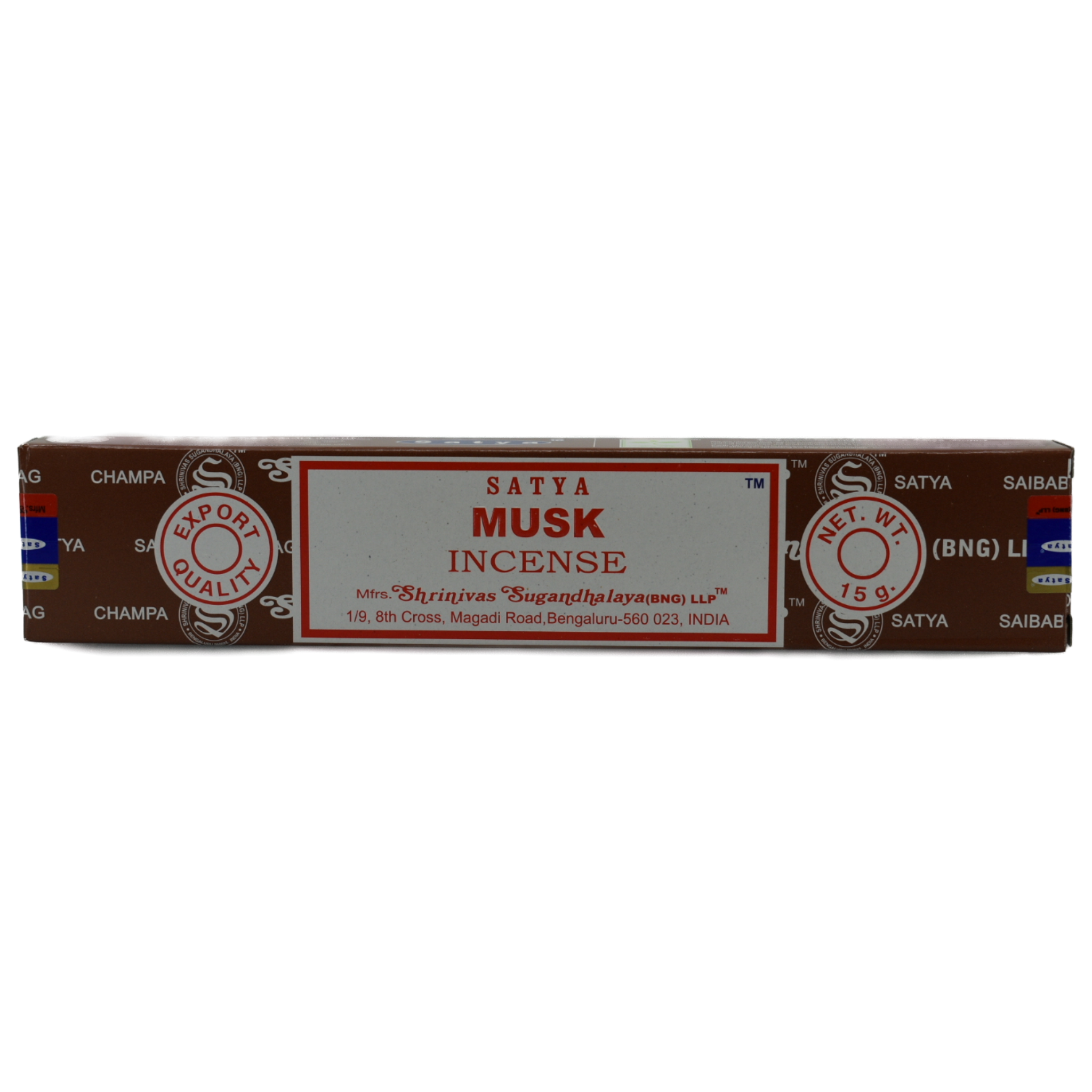Musk Incense Sticks.  Box is brown with white lines that have company words as a design. The center of the box has a white rectangle with a red frame within the border. In the rectangle the top line has the company name. The next rows have the title Musk Incense. At the bottom of the rectangle is the manufacturer's information. On both sides are a circle. The left circle says Export Quality and the right side circle says Net. Weight 15 grams.