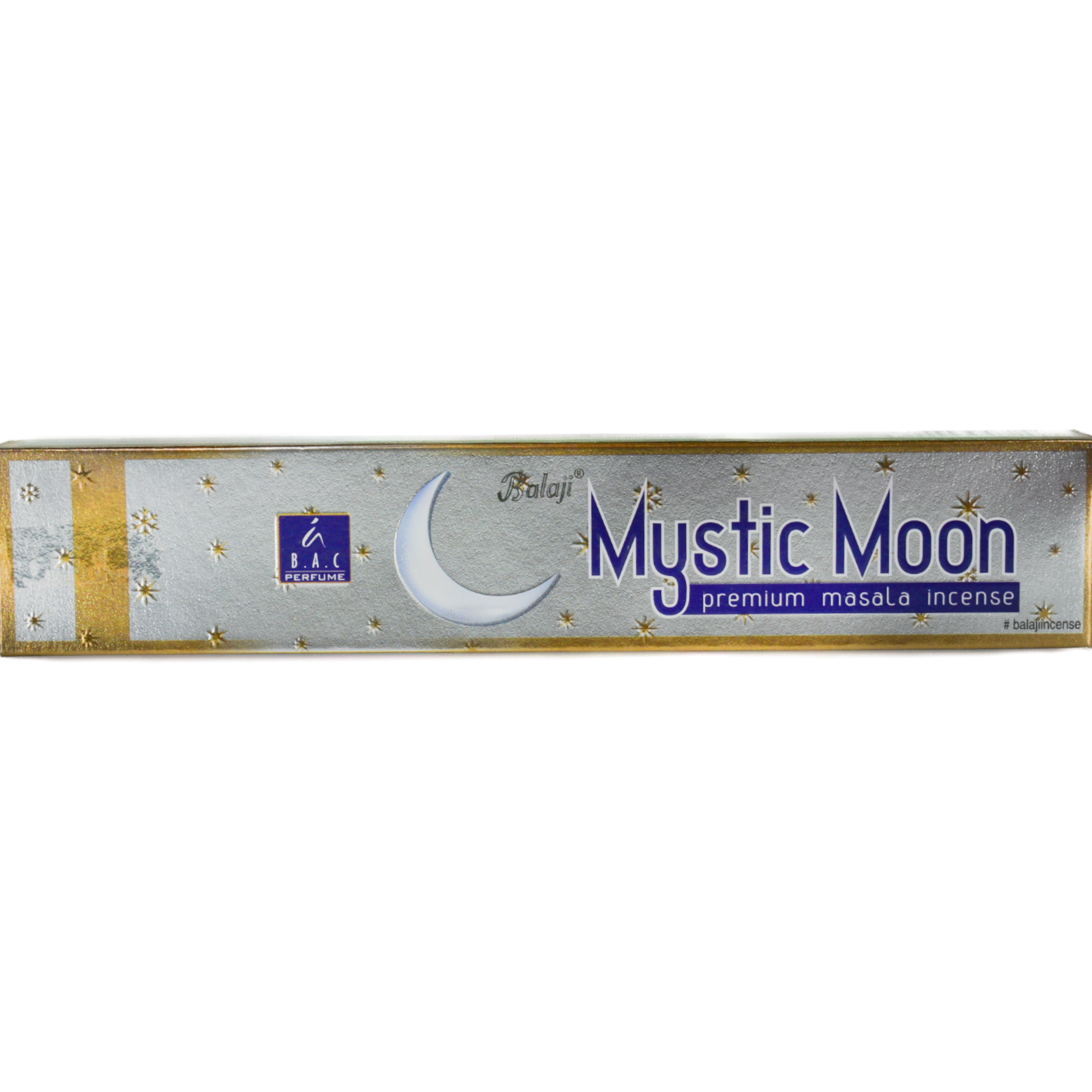 Mystic Moon Incense Sticks.  The box is silver and the present moon also.  The border is gold and gold stars.  There is a small blue square on the left side that has B. A. C. Perfume for the company name.  The moon is towards the center.  Balaji is above the moon.  On the right hand side the title is bold in blue with a white border, Mystic Moon.  Below it in a blue rectangle with white lettering it says premium masala incense.  