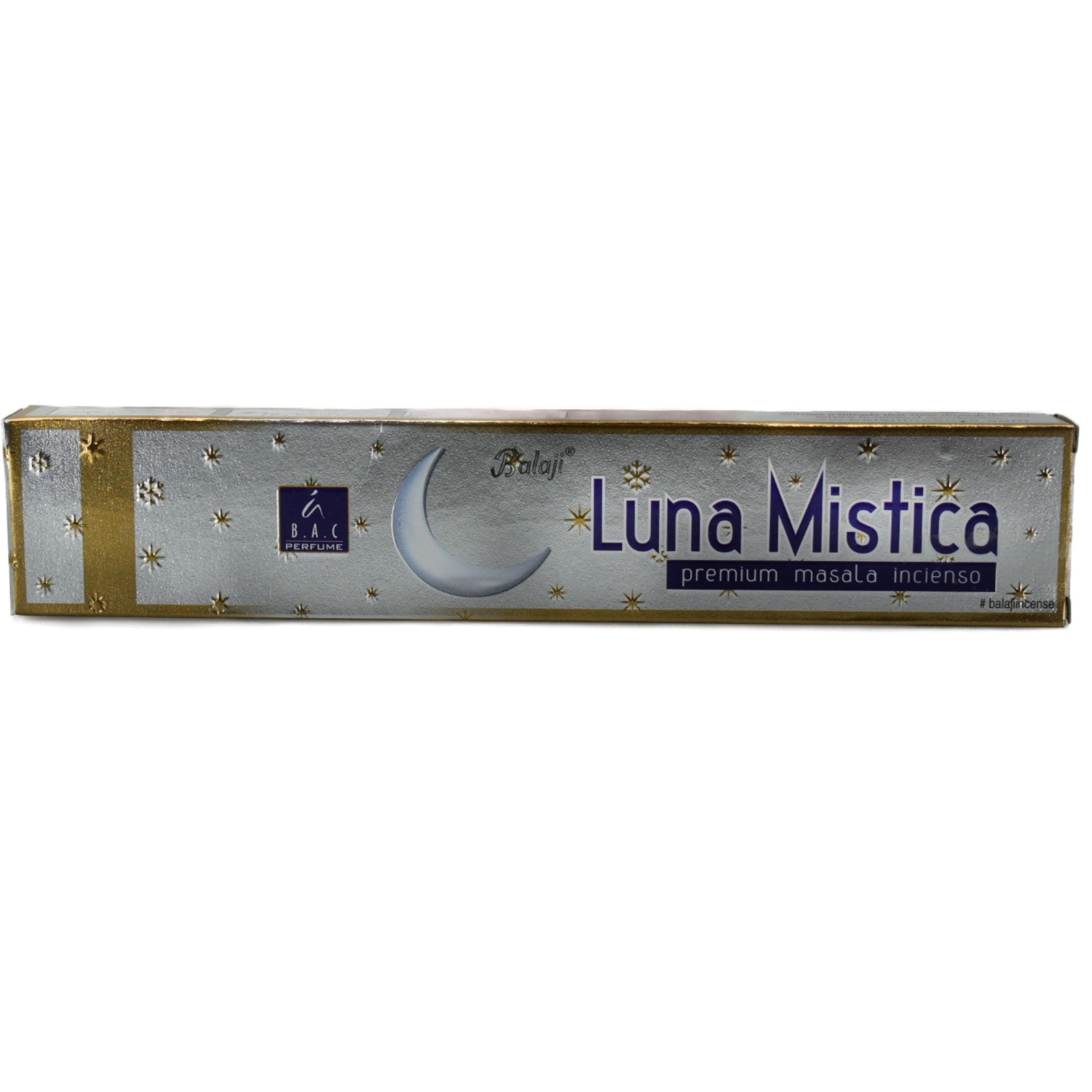 Mystic Moon Incense Sticks back.  The back cover is a duplicate of the front cover with a difference.  The title says Luna Mistica premium masala incienso.