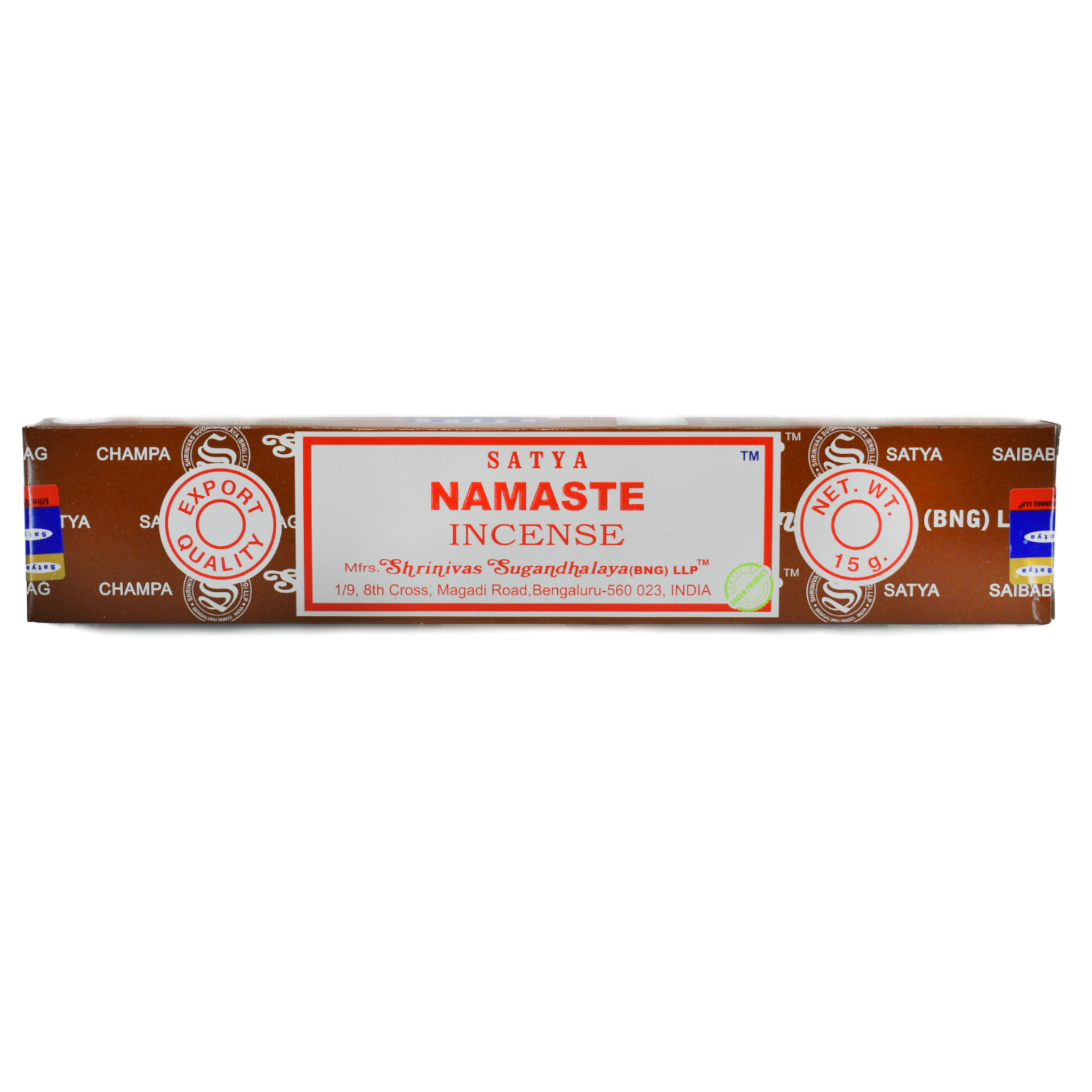 Namaste Incense Sticks.  Box is brown with white lines that have company words as a design. The center of the box has a white rectangle with a red frame within the border. In the rectangle the top line has the company name. The next rows have the title Namaste Incense. At the bottom of the rectangle is the manufacturer's information. On both sides are a circle. The left circle says Export Quality and the right side circle says Net. Weight 15 grams.