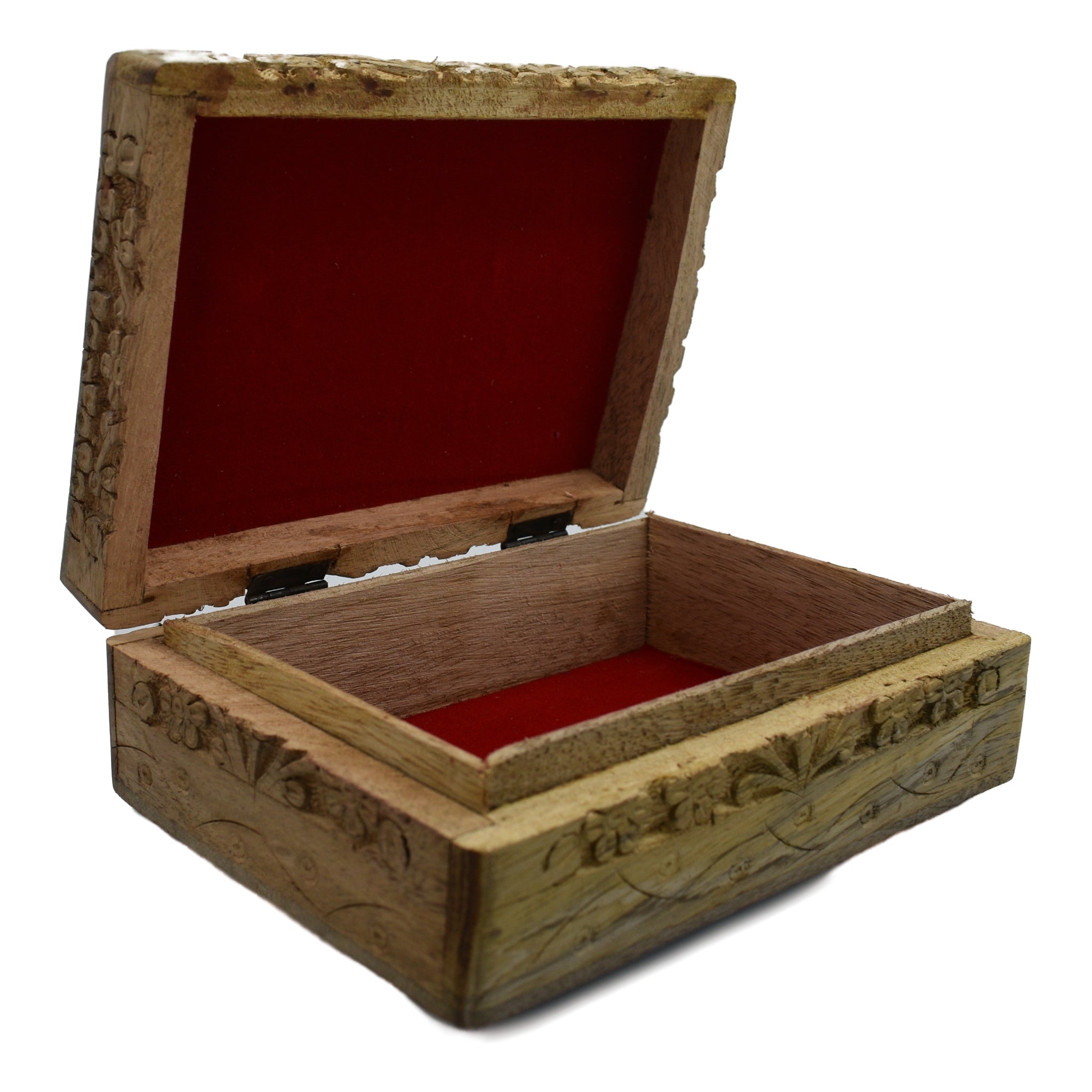 Natural wood color open box red cloth on inside 