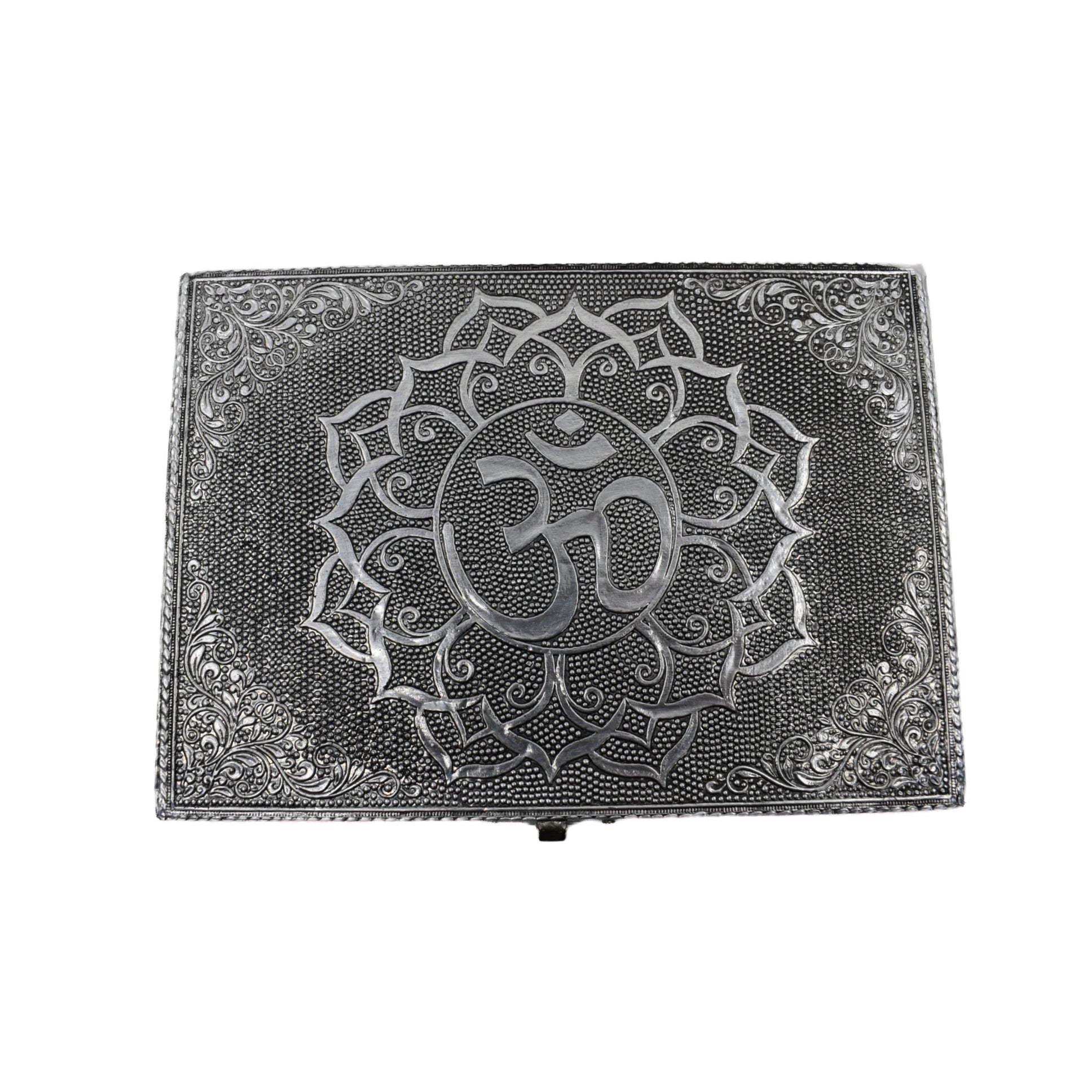 wood box covered in metal that is engraved lotus symbol with om 