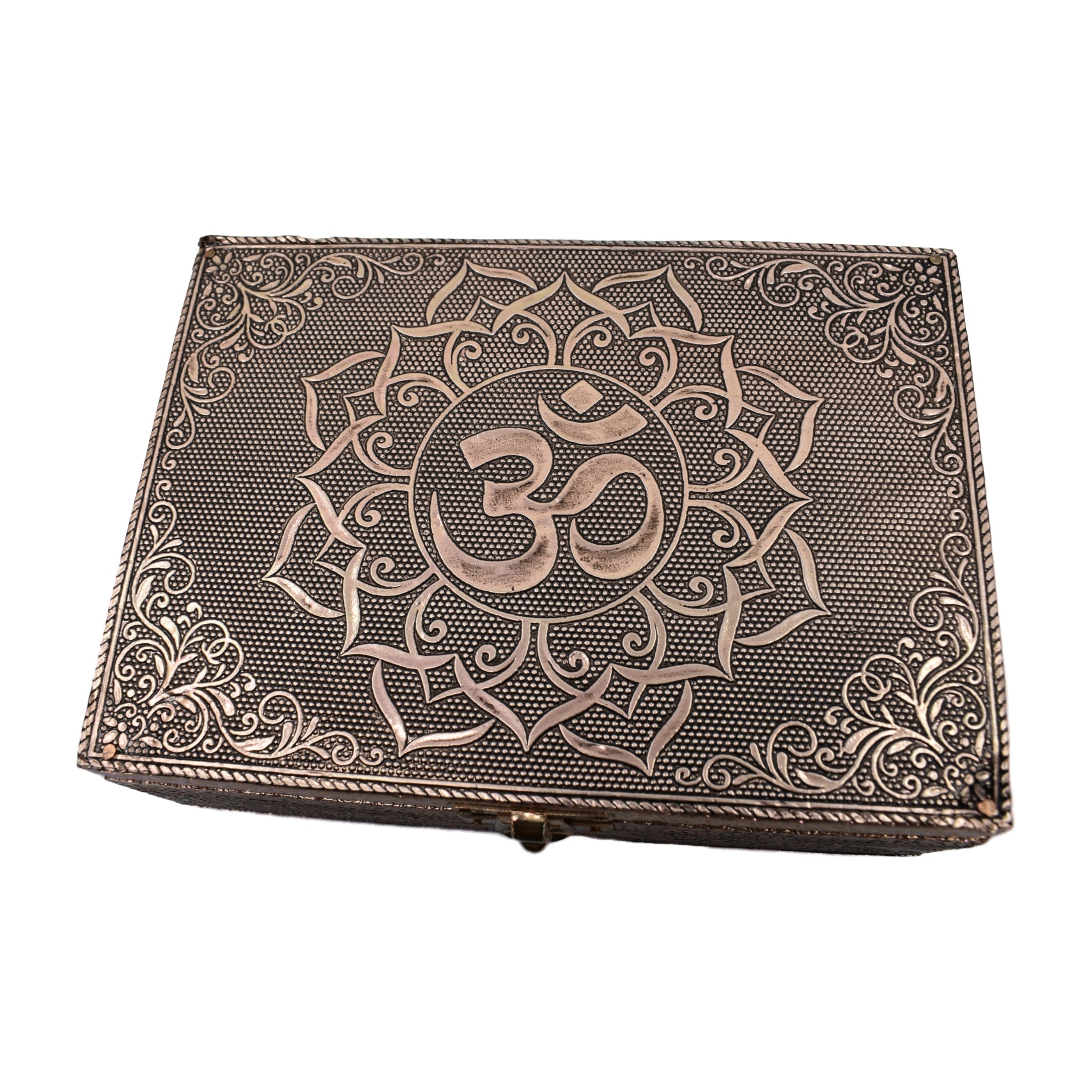 Wood Box copper encased, floral pattern with Om symbol