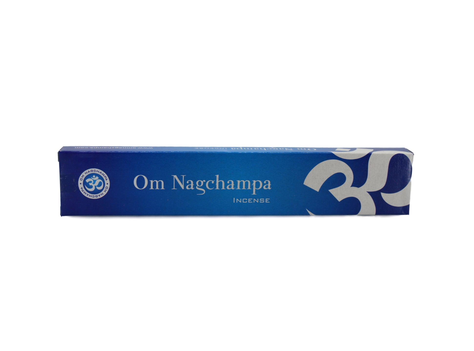 OM Nagchampa Incense Sticks.  The box is darker  blue on the left and right sides and fading to a lighter blue towards the middle of the box.  The right side has the large OM symbol in a diagonal angle.  The left side has a small circle that has the OM symbol in the center and on the outer circle it says OM Nagchampa in small letters.  The center has the title Om Nagchampa incense.  .  