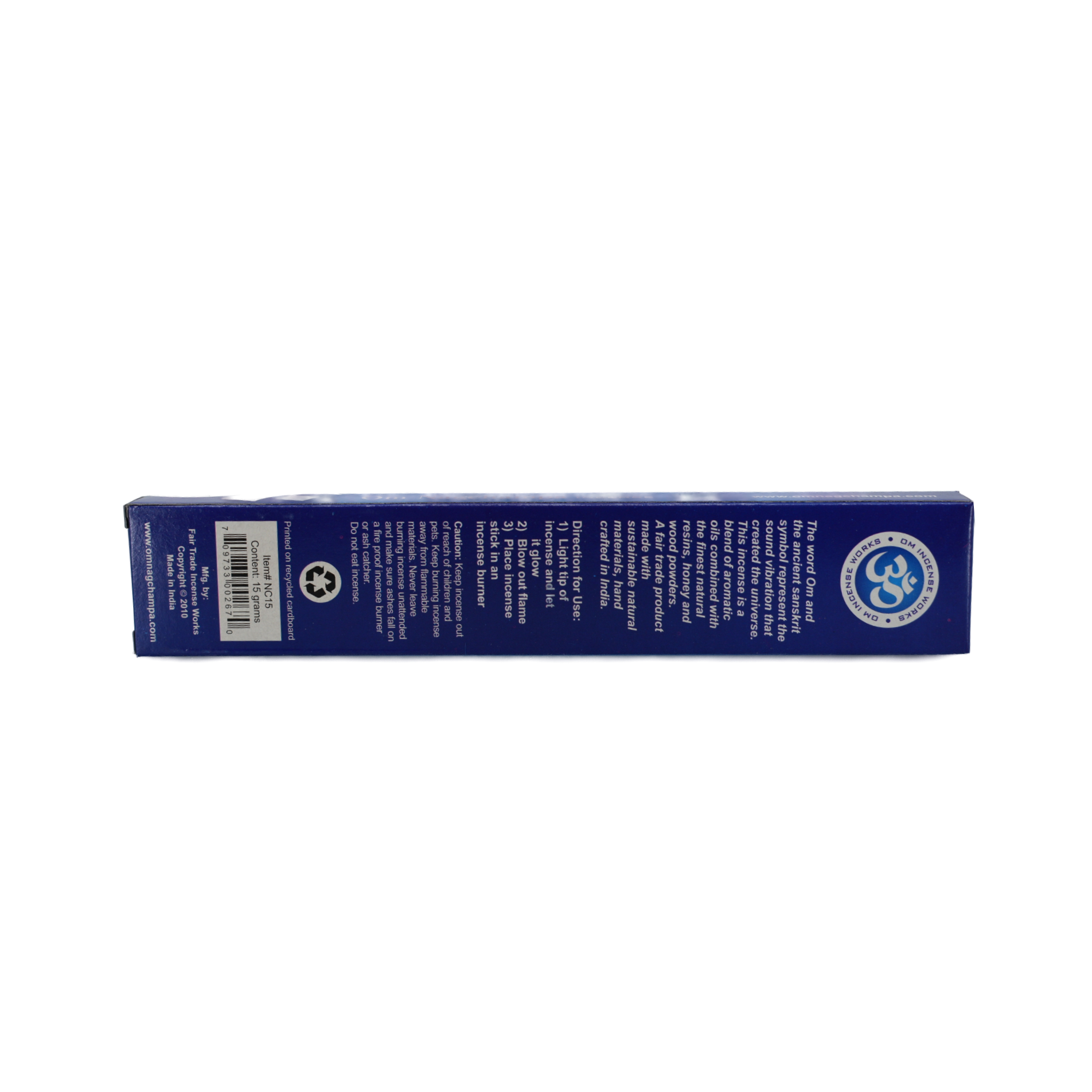 OM Nagchampa Incense Sticks back.  The back cover is dark blue with white lettering.  The top of the box has a circle with the OM symbol in the center with OM Incense Works on the outer circle.  Below the circle are the directions.