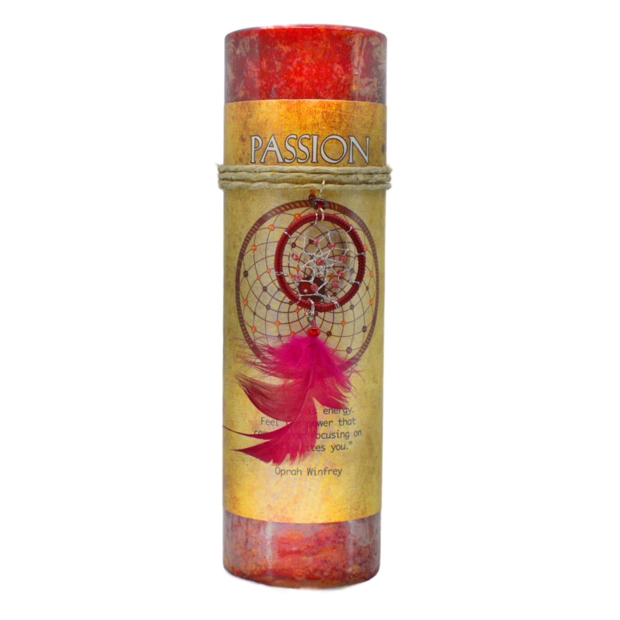 Passion Dream Catcher Candle.  This burgundy scented candle has a burgundy dream catcher attached that may be worn as a necklace or used as an amulet.  The Passion Dream Catcher candle may promote healthy relationships in your life, and enhance your inner peace.