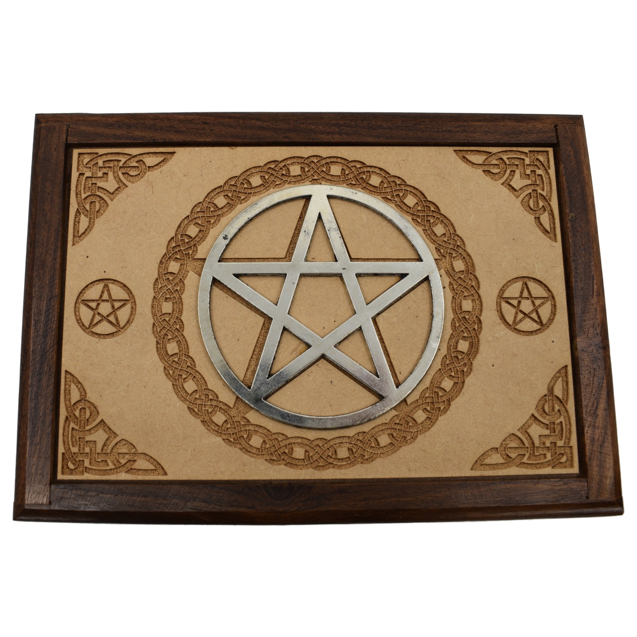 wood box dark, light covering top with inlaid metal pentacle 