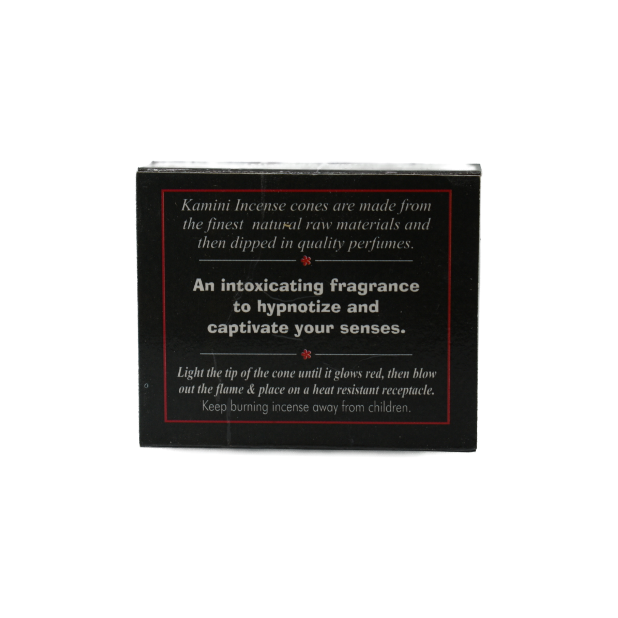 Poison Incense Cones back cover.  Kamini Incense cones are made from the finest natural raw materials and then dipped in quality perfumes.    An intoxicating fragrance to hypnotize and captive your senses.  Light the tip of the cone until it glows red, then blow out the flame and place on a heat resistant receptacle.  Keep burning incense away from children.