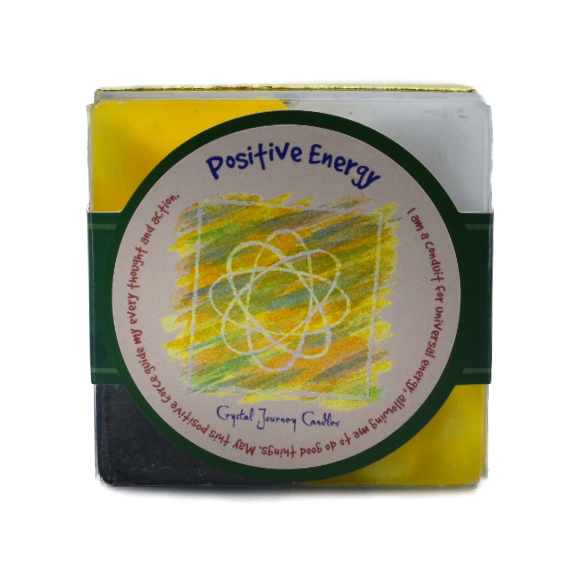 Positive Energy Square Pack Candle.  This pack has two yellow positive energy candles, one white spirit candle and one positive energy candle.  Each candle is scented with essential oils.