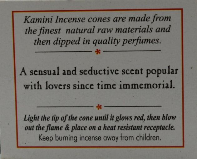 Rose Incense Cones back cover.  Kamini Incense cones are made from the finest natural raw materials and then dipped in quality perfumes.    A sensual and seductive scent popular with lovers since time immemorial.   Light the tip of the cone until it glows red, then blow out the flame and place on a heat resistant receptacle.  Keep burning incense away from children.
