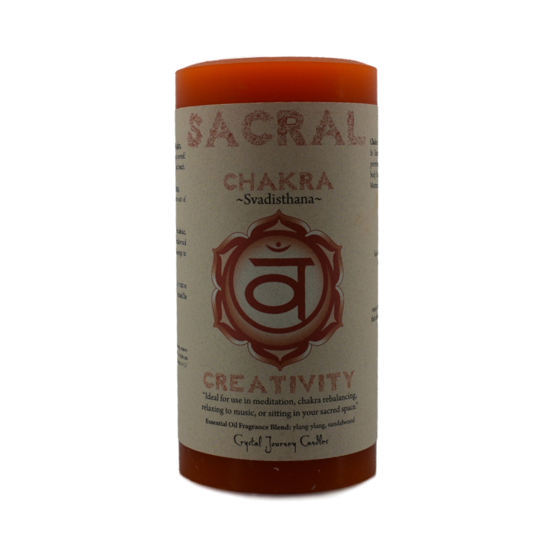 Sacral Chakra Pillar Candle xl.  3x6 inch orange pillar candle is infused with Ylang Ylang and Sandalwood essential oils.   Use this candle to enhance creativity.