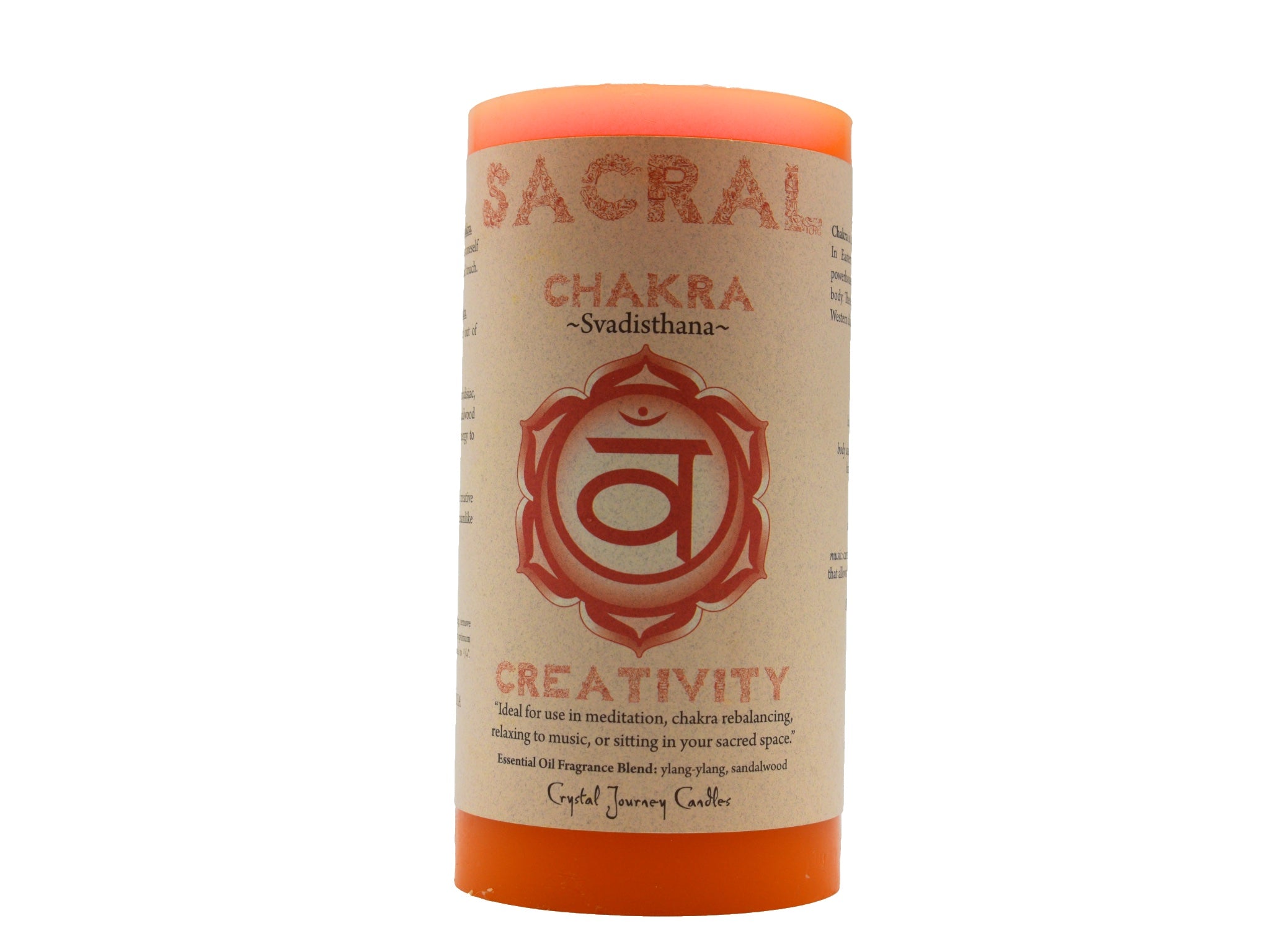 Sacral Chakra Candle.  3x6 inch orange pillar candle is infused with Ylang Ylang and Sandalwood essential oils.   Use this candle to enhance creativity.