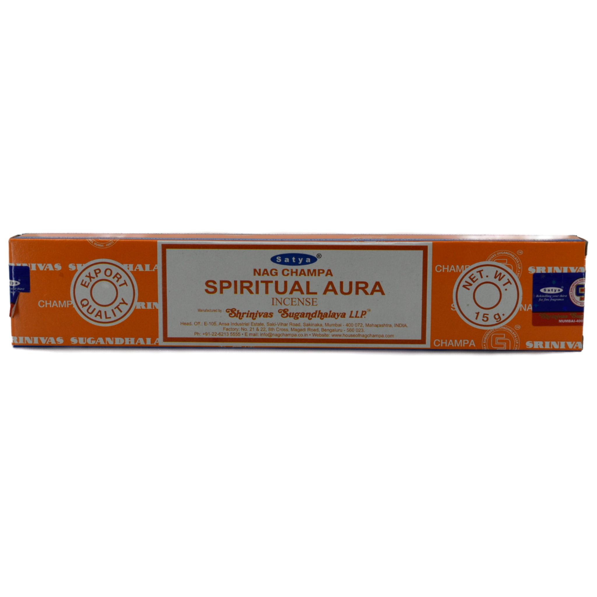 Spiritual Aura 15 gr Incense Sticks.  The cover is orange with lines through it.  The line design are company words.  The center has a white rectangle with a red border within the frame.  The top half of the rectangle lists the company name and title; Sayta Nag Champa Spiritual Aura Incense.  The bottom half lists the manufacturer's information.  There are two circles, one on each side of the rectangle.  The left one says Export Quality and the right circle says Net Weight 15 grams.  
