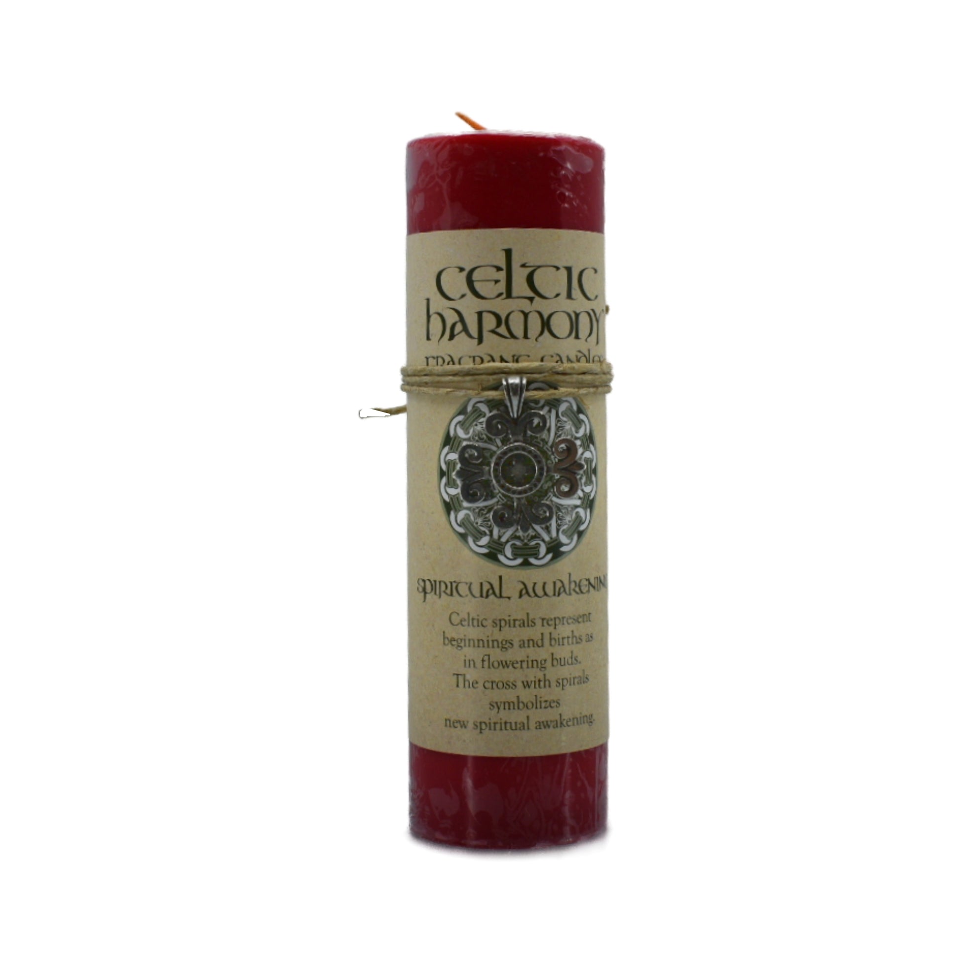 Spiritual Awakening Celtic Pendant Candle.  The pewter pendant can be worn as a necklace or used as an amulet.  The Celtic spirals represent beginnings and birth as in flowering buds.  The cross with spirals symbolizes new spiritual awakening.  Candle is red.