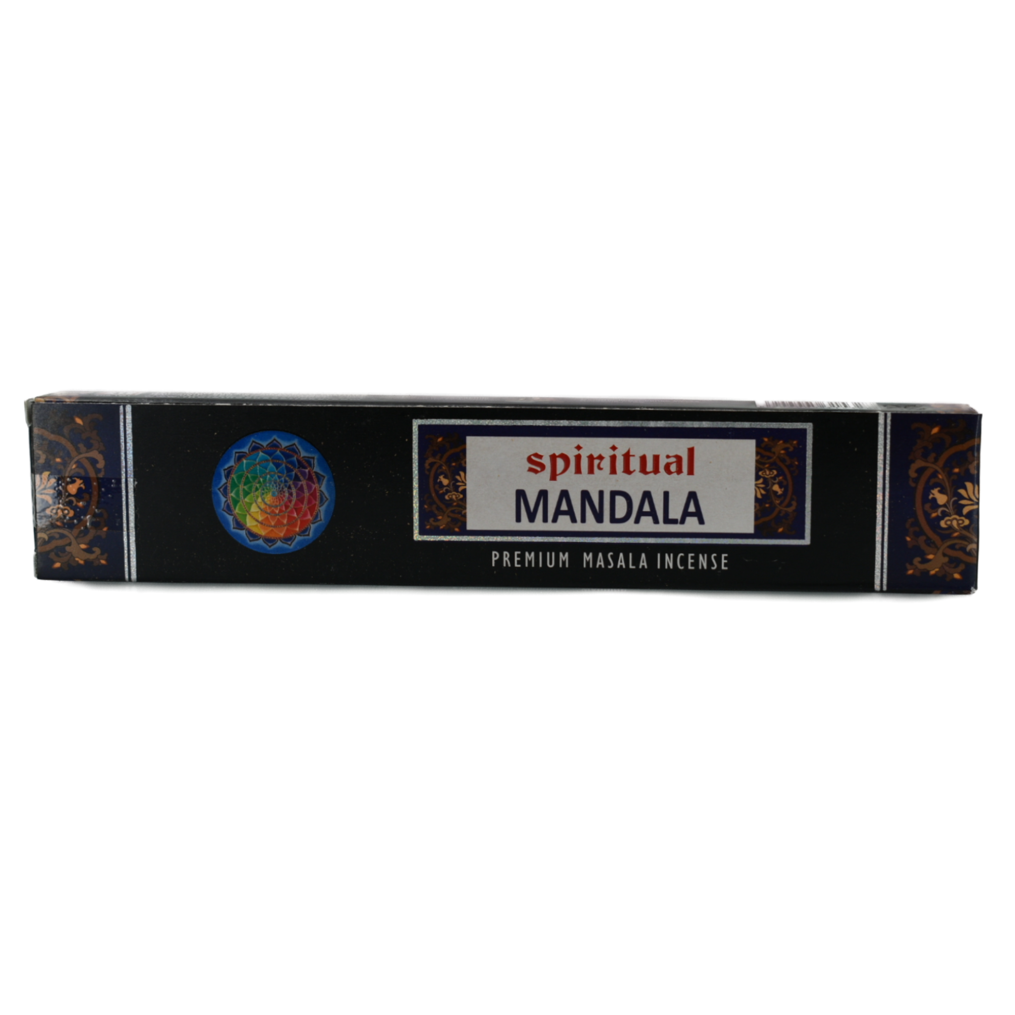 Spiritual Mandala Incense Sticks.  The box is black with brown half circles on both ends that have flowers and leaves on it.  The left side of the box has a lotus flower with 16 pedals within a blue circle.  Inside the petals are the seven chakra colors.  In the middle more towards the right side is the title Spiritual Mandala Premium Masala Incense.  