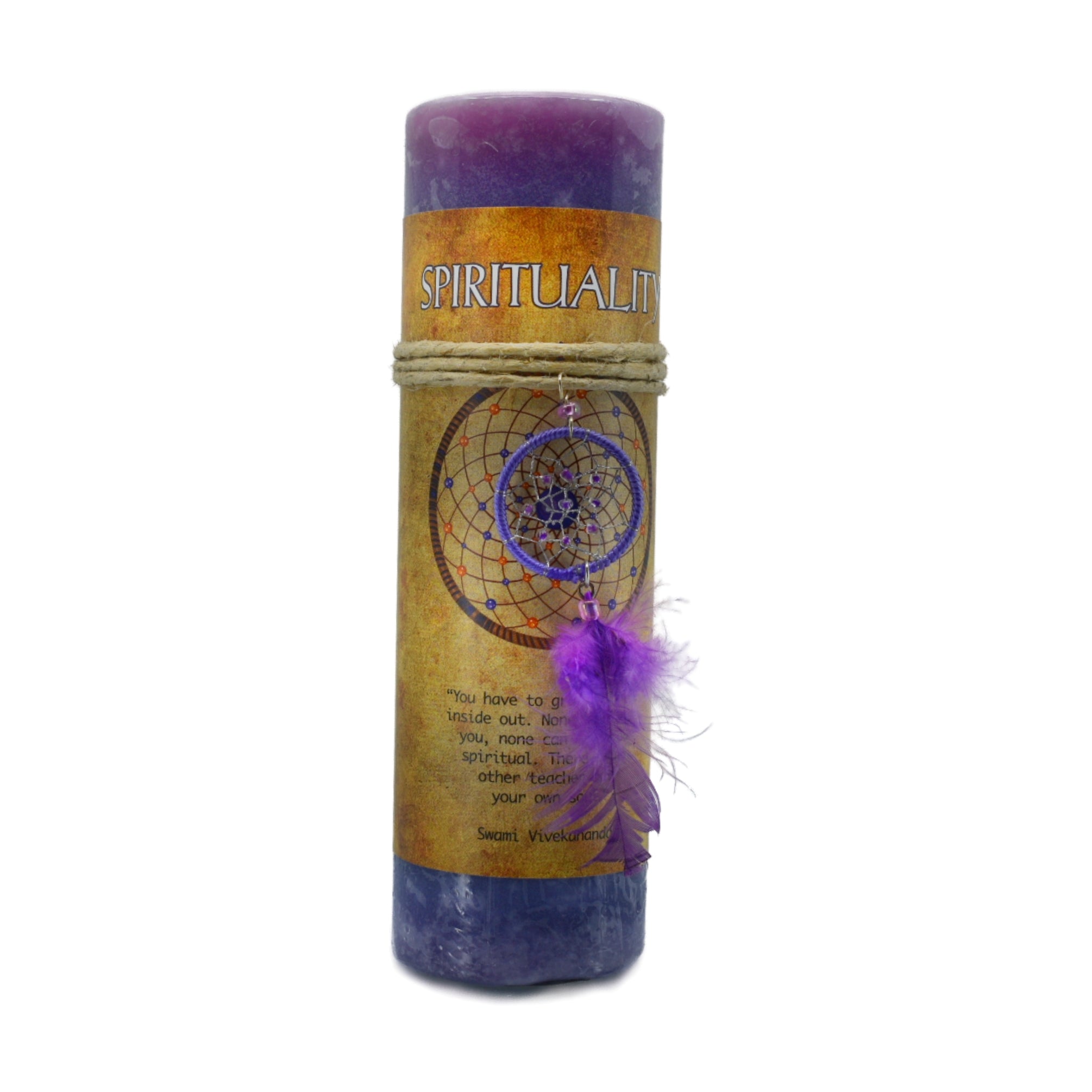 Spirituality Dream Catcher Candle.  This lite purple candle has a purple dream catcher and purple feather that can be worn as a necklace or used as an amulet.  Use this candle to help you through your journey to search your soul for your spirituality.