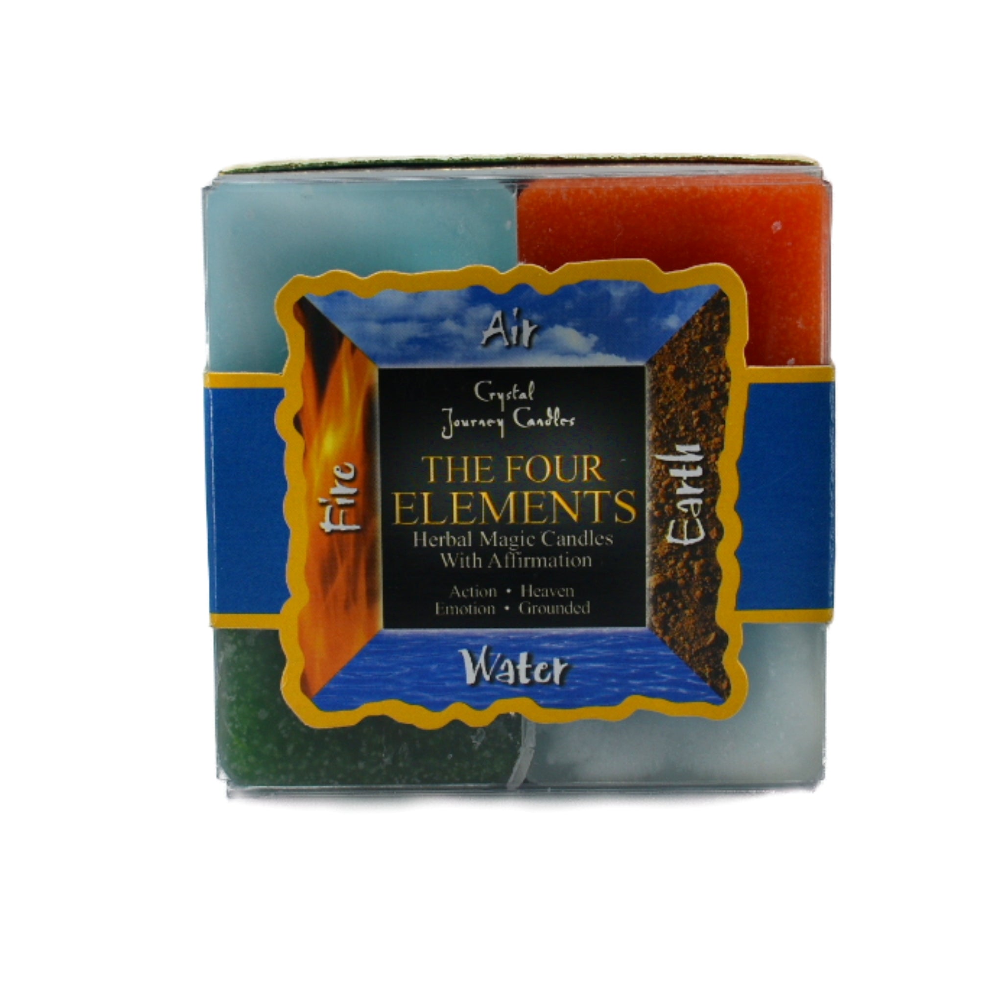 The Four Elements Square Pack Candle.  Uniquely created to embody one of the four basic elements of our universe.  Earth - Grounded, Fire - Action, Air - Heaven, and Water - Emotion .  One green, one red and two blue candles.