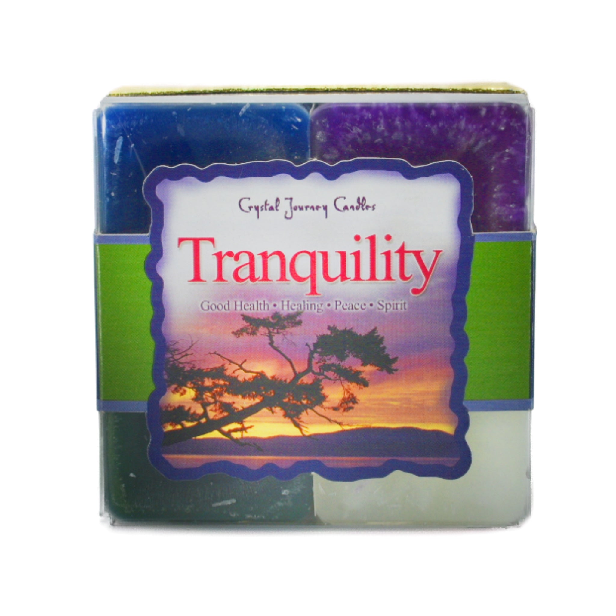 Tranquility Square Pack Candle.  The scented candles are: Spirit is white, Good Health is blue, Healing is purple and Peace is green.
