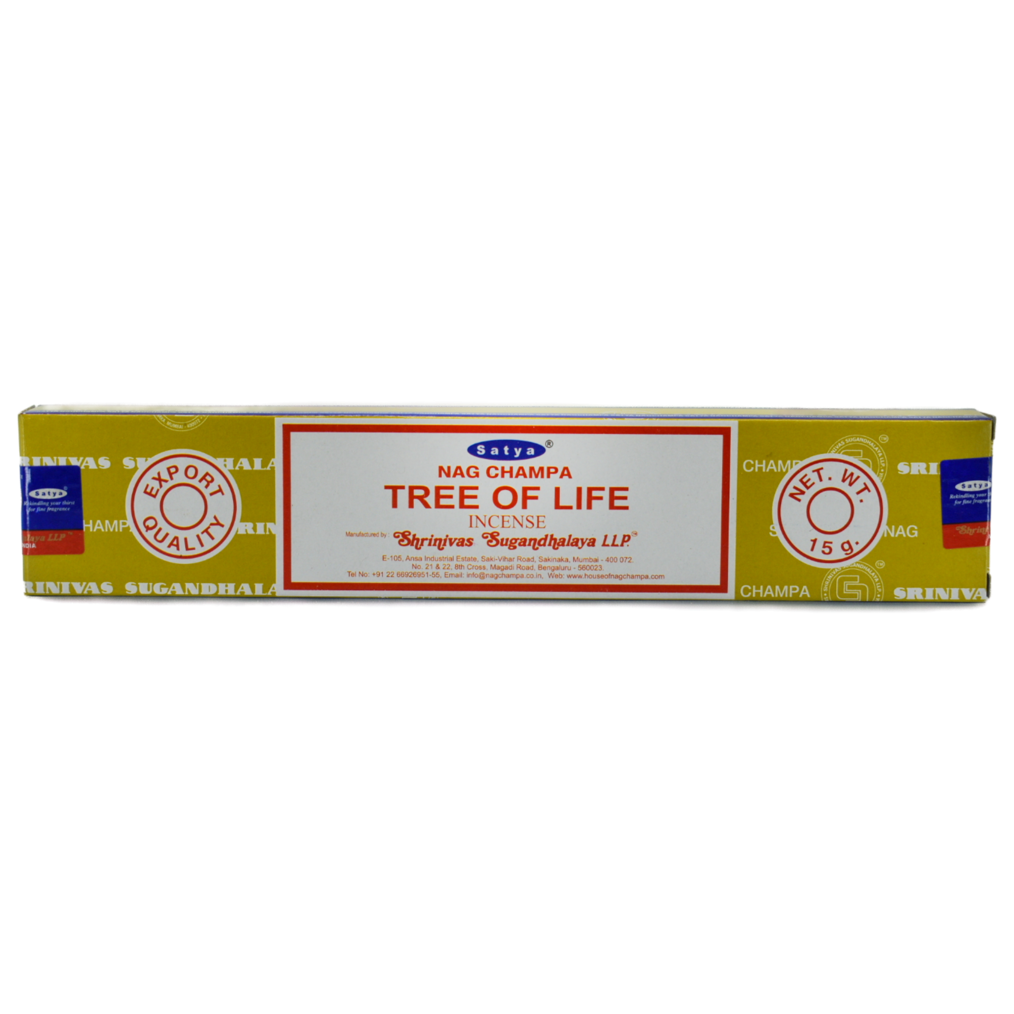 Tree of Life Incense Sticks.  The cover is yellowish green color with line design made of company words.  The center has a white rectangle  with a red frame within the border.  The company and title say Satya, Nag Champa, Tree of Life Incense.  There are two circles one on each side of the rectangle.  The left one says Export Quality and the right circle says Net. Weight 15 grams.