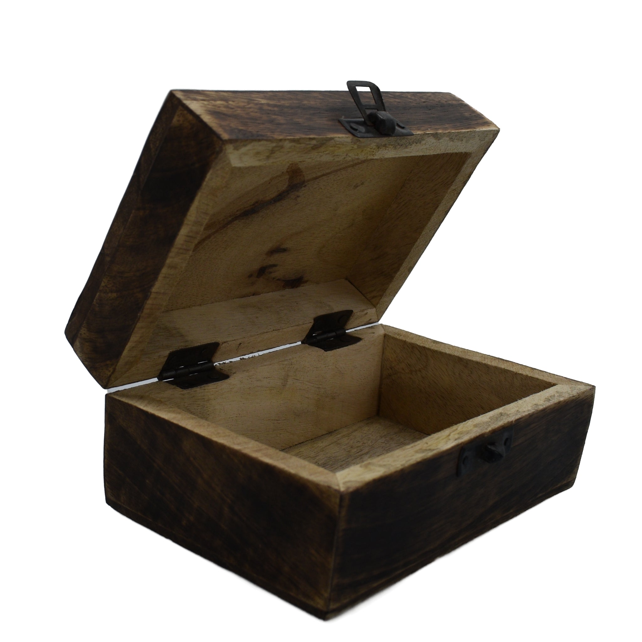 Wood box open natural wood color inside with dark wood outside metal clasp 