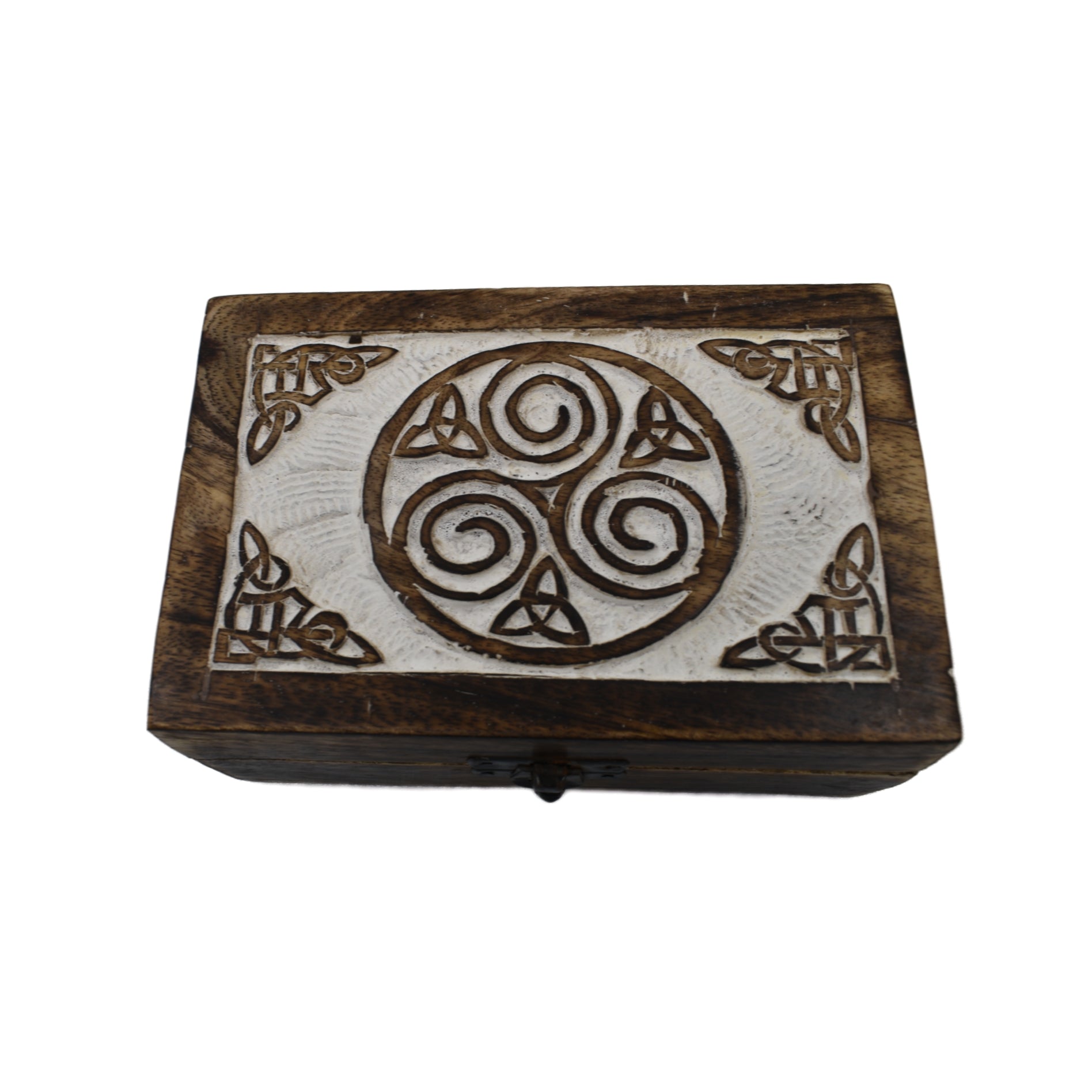 Wooden box with carved Celtic trisqoul 