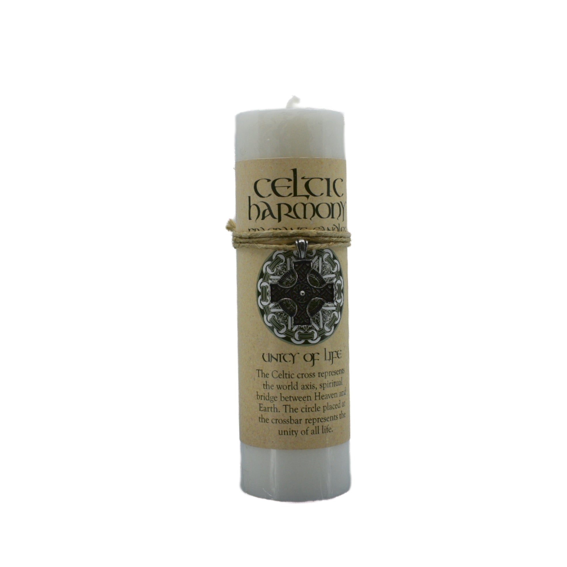 Unity of Life Celtic Pendant Candle.  It is part the Celtic Harmony series of candles.  The Celtic cross symbolizes the path between physical plane and the heavenly abode.  it is a scented white candle with a pewter pendant attached that can be worn as a necklace or used an an amulet.  