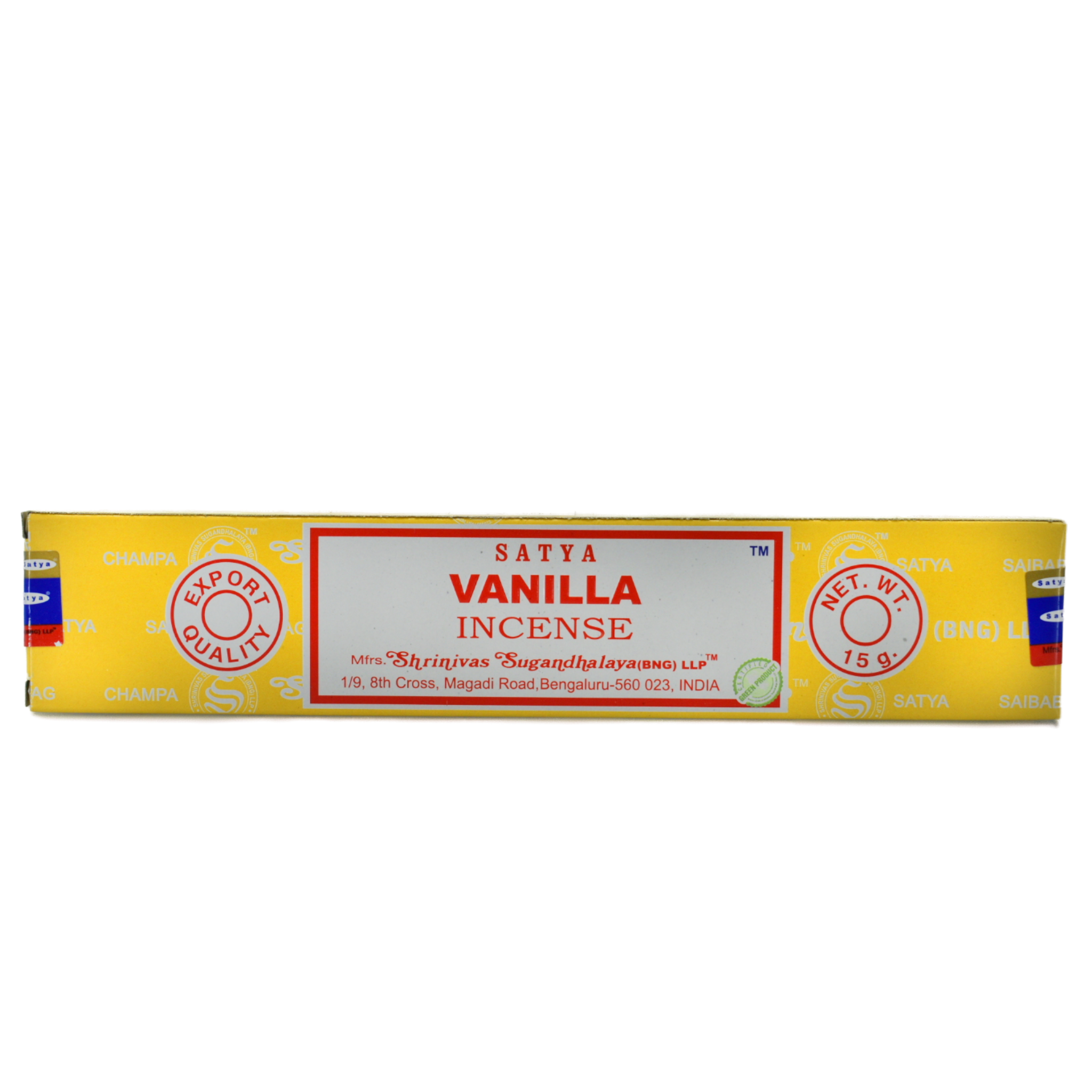 Vanilla Incense Sticks.  Box is yellow with white lines that have company words as a design. The center of the box has a white rectangle with a red frame within the border. In the rectangle the top line has the company name. The next rows have the title Vanilla Incense. At the bottom of the rectangle is the manufacturer's information. On both sides are a circle. The left circle says Export Quality and the right side circle says Net. Weight 15 grams.