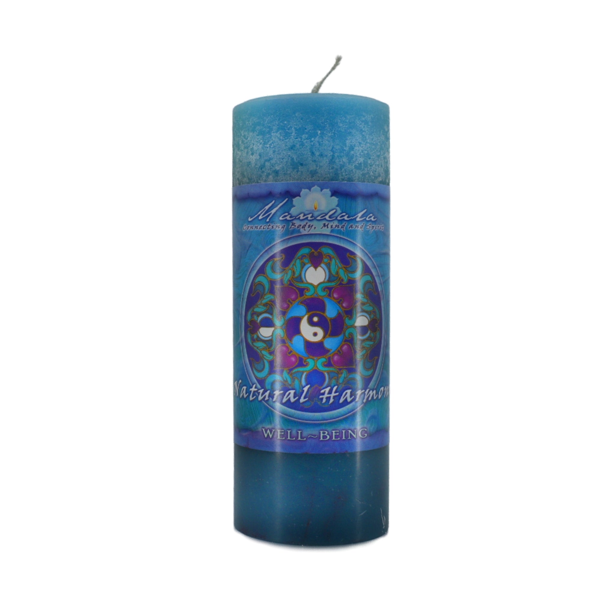 Well Being Mandala Candle.  This light blue to darker blue candle is scented with sun goddess rose, mandarin and jasmine essential oils.  When lit enhances natural harmony.  Well Being - natural harmony, for attaining a blissful mental state.  This spell candle brings peace and contentment to your life.  It is for health and well being, balance and harmony, and natural rhythm.  It will free you from the bad memories that burden your heart.