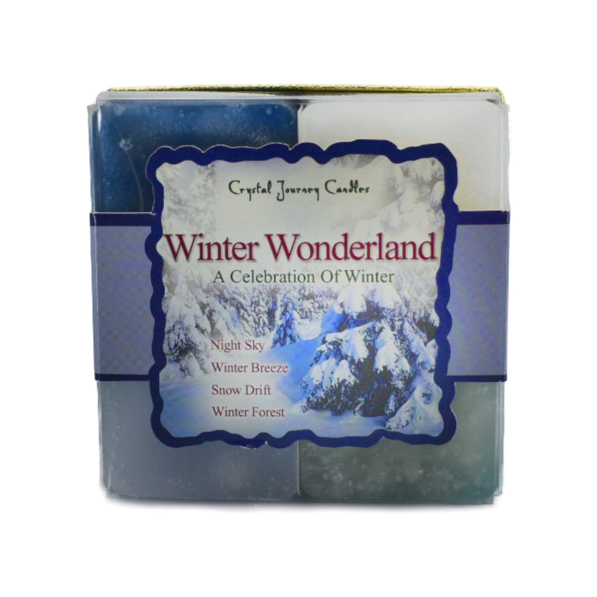 Winter Wonderland Square Pack Candle.  Winter wonderland is a celebration of winter.  Candles are scented as night sky, winter breeze, snow drift and winter forest.  