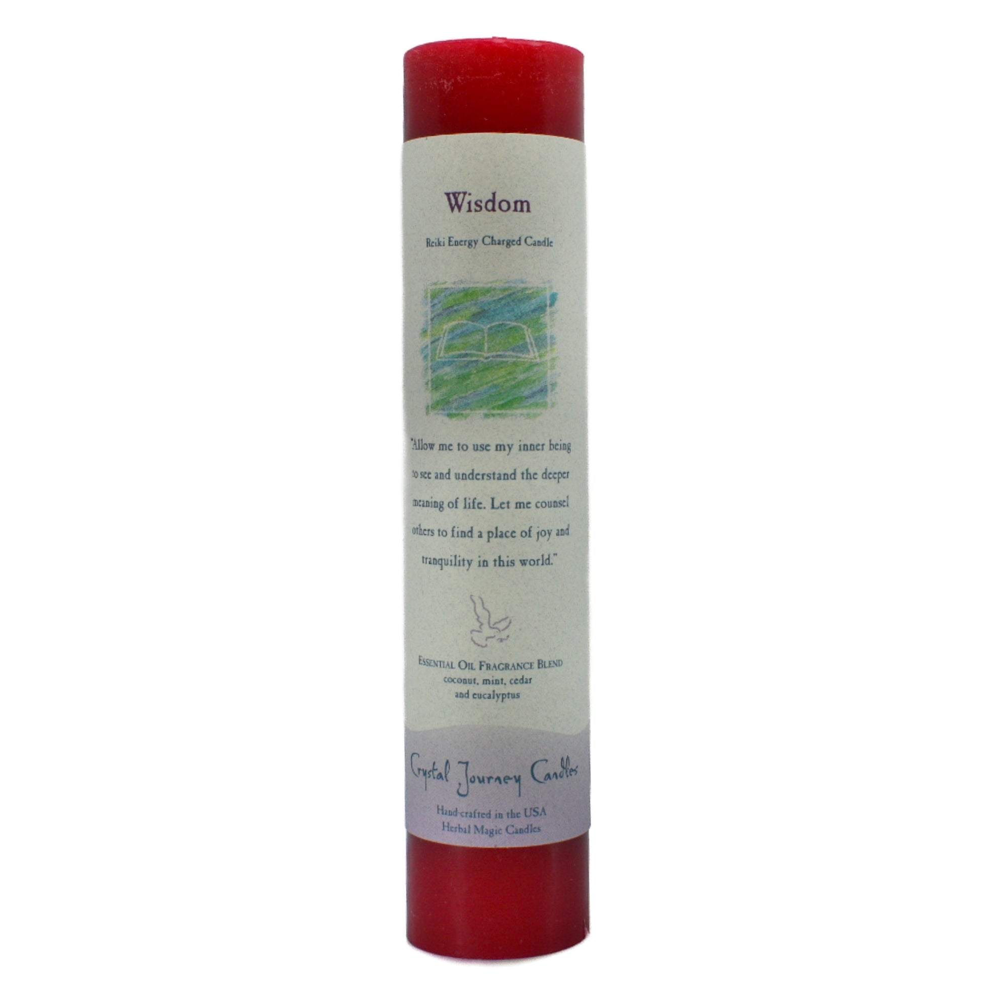 Wisdom Pillar Candle.  Is a red scented candle with coconut, mint, cedar and eucalyptus essential oils.  Burn this candle to assist in the voyage to a deeper understanding in the meaning of life.