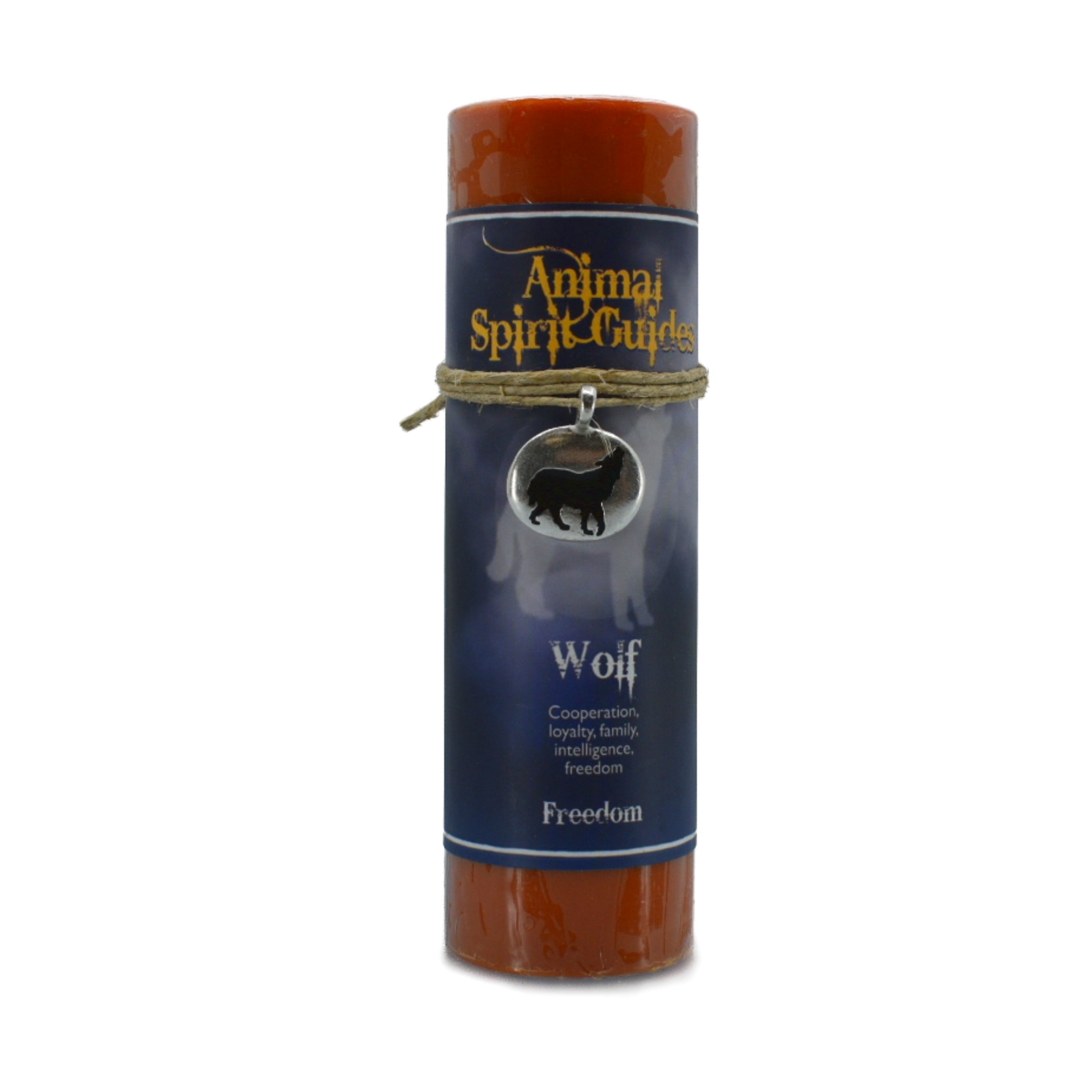 Wolf Animal Spirit Pendant Candle.  This lead free pewter pendant has a black impression of a wolf walking which is attached to an orange candle.  The pendant can be worn as a necklace  or used as an amulet.  The wolf  symbolizes freedom, cooperation, loyalty, family and intelligence. 