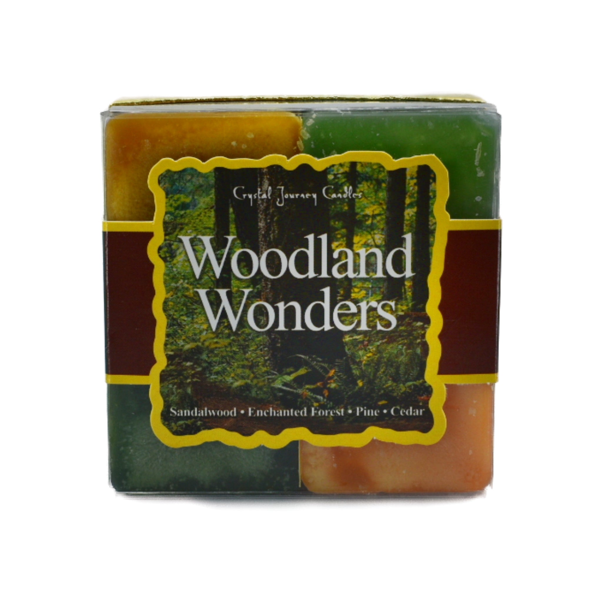 Woodland Wonders Square Pack Candle.  Uniquely created to release the possibilities of a secret world in the depths of a tranquil forest.  The candles are scented with sandalwood, pine, cedar and enchanted forest.