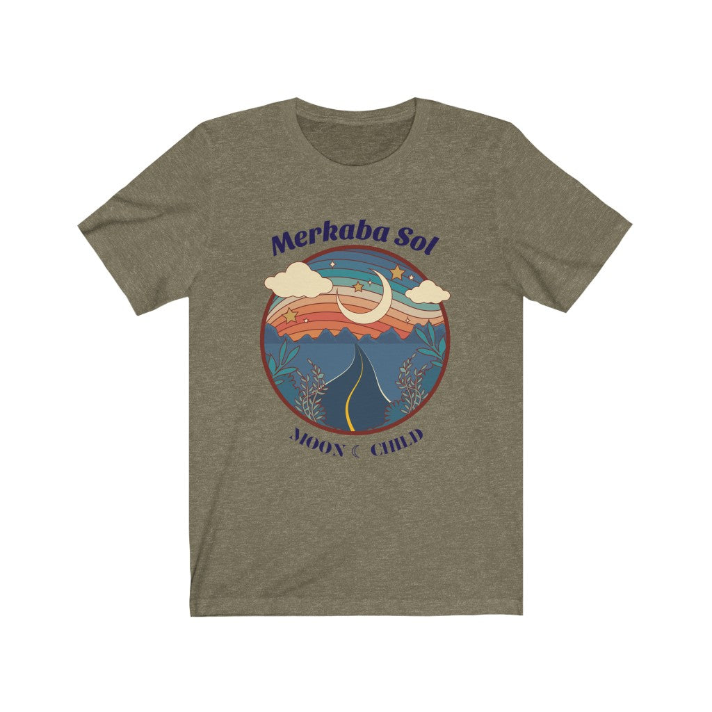 Let the moon child shine free. Bring inspiration and empowerment to your wardrobe with this Moon Child t-shirt in olive color or give it as a fun gift. From merkabasolshop.com