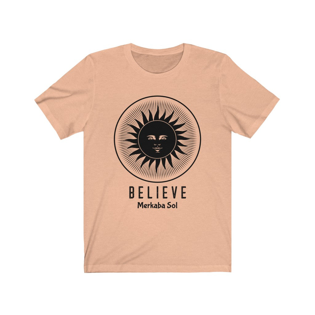 The sun inspires us to Believe. Bring inspiration and empowerment to your wardrobe with this believe sun t-shirt in peach color or give it as a fun gift. From merkabasolshop.com