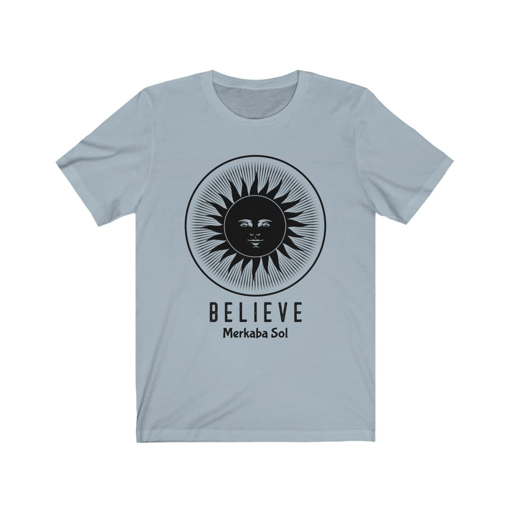 The sun inspires us to Believe. Bring inspiration and empowerment to your wardrobe with this believe sun t-shirt in light blue color or give it as a fun gift. From merkabasolshop.com