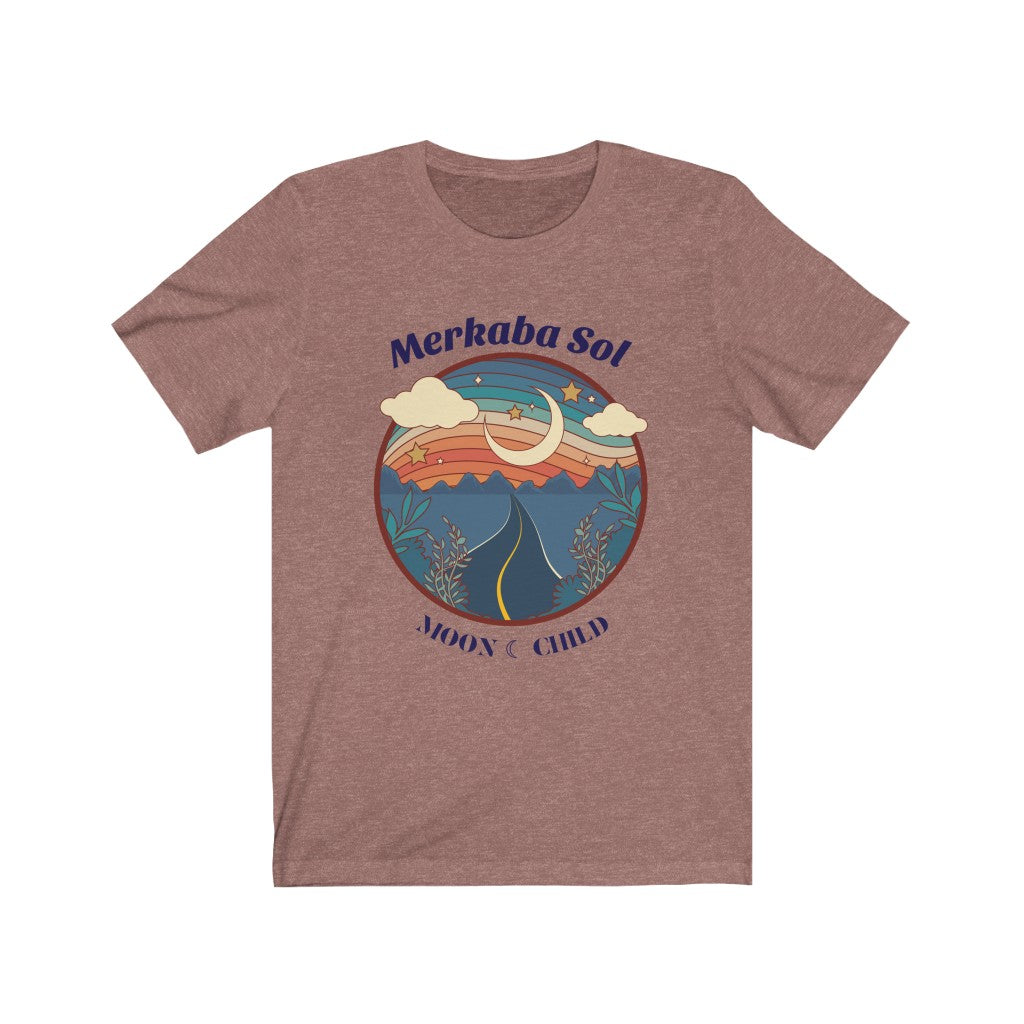 Let the moon child shine free. Bring inspiration and empowerment to your wardrobe with this Moon Child t-shirt in mauve color or give it as a fun gift. From merkabasolshop.com