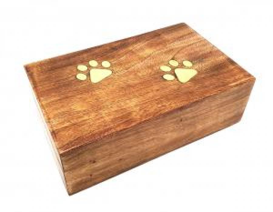 Natural colored wooden box with 2 brass inlaid  dog paws 
