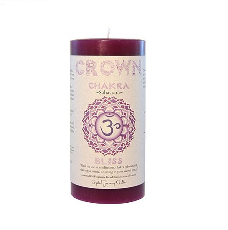 Crown Chakra Candle xl.  The Crown Chakra is the top and middle part of the head.  It is associated with the brain, cerebellum, pineal gland, and the soft spot of a newborn.  It's intention is for bliss. The color purple and scented with Frankincense, Olibanum and Lotus.  