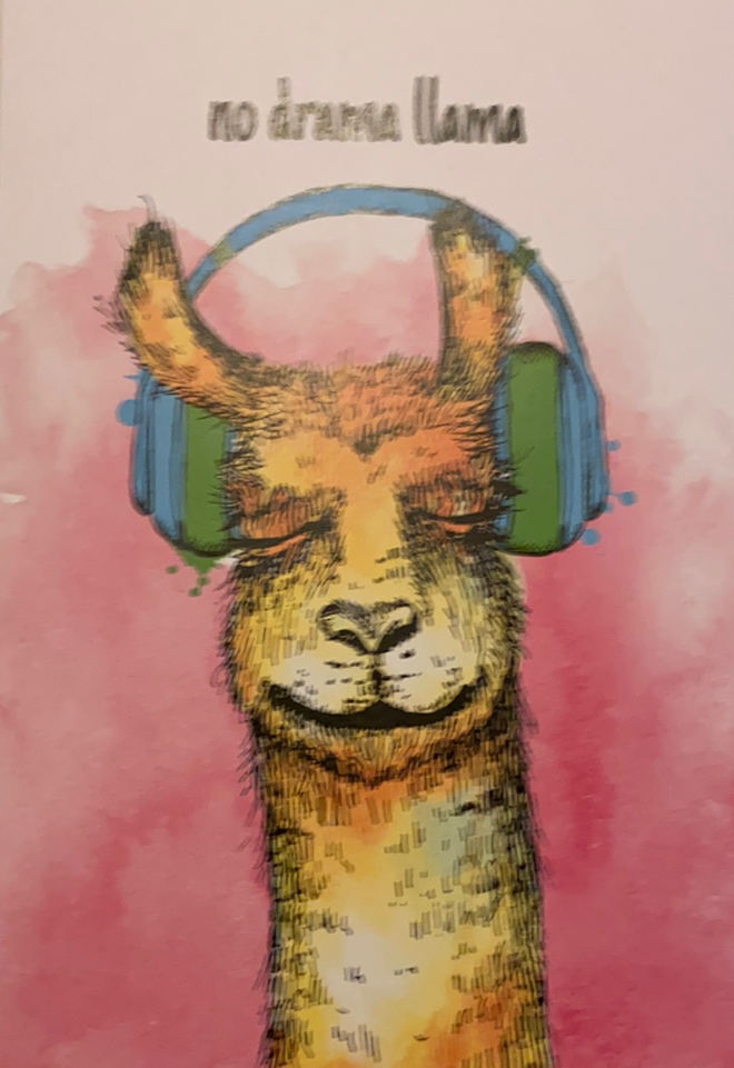 Pink card with llama with headphones 