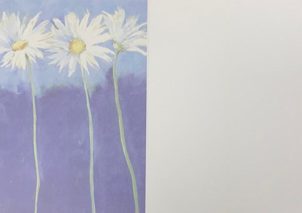 Blank card with same blue and daisies on left side 