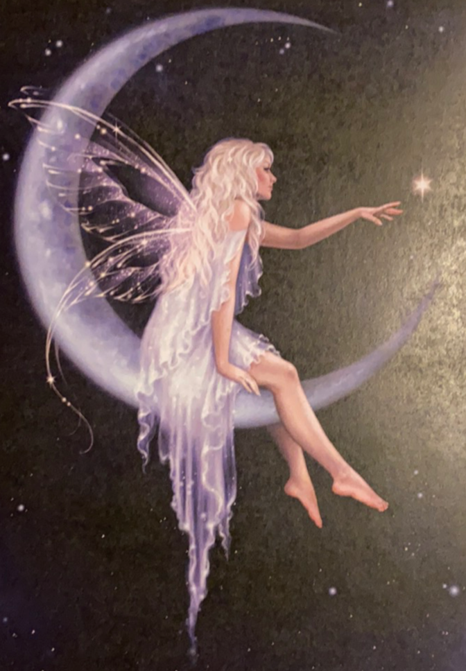fairy sitting on a crescent moon touching a star in the nighttime sky 