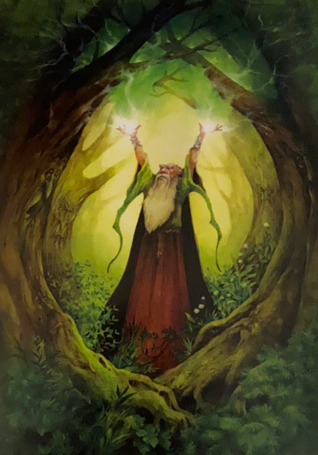 Green forest with wizard in center throwing lightning 