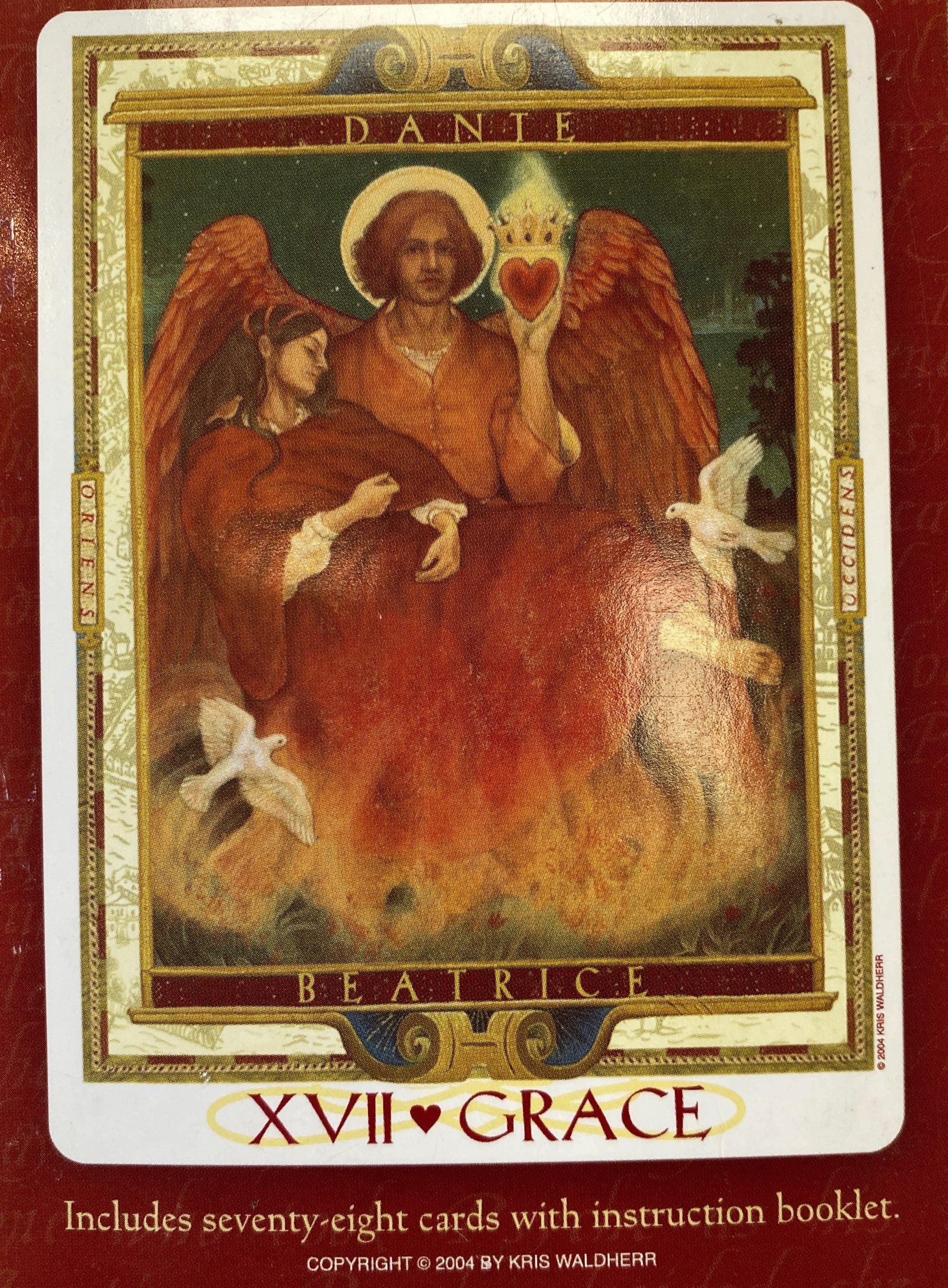 Red deck package with image of angle and woman. 
