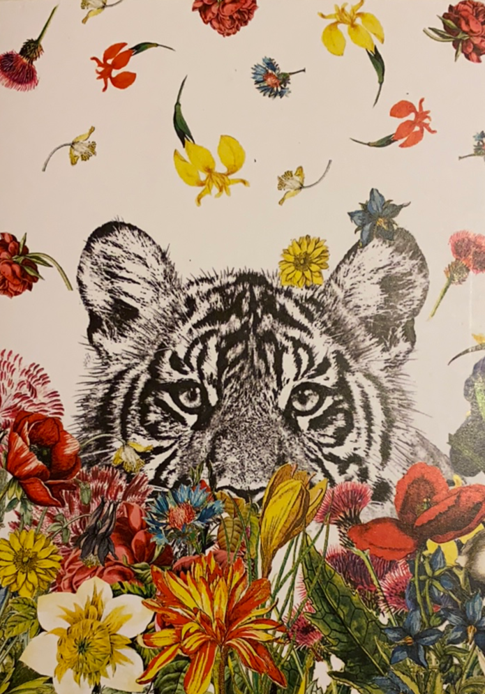 White tiger face surrounded by flowers 