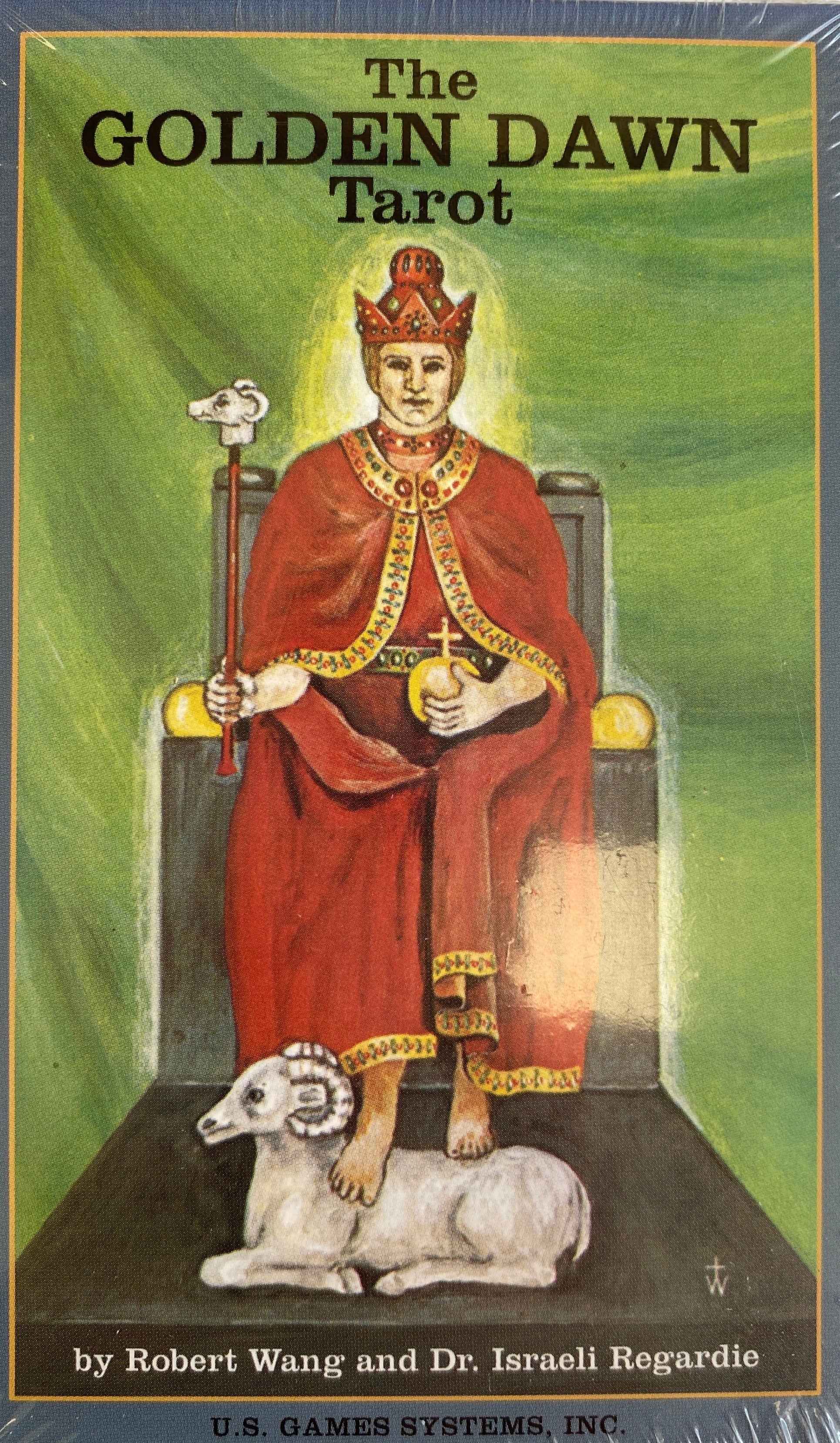 Green colored Deck package with image of a man in robes and a ram  The Golden Dawn Tarot 