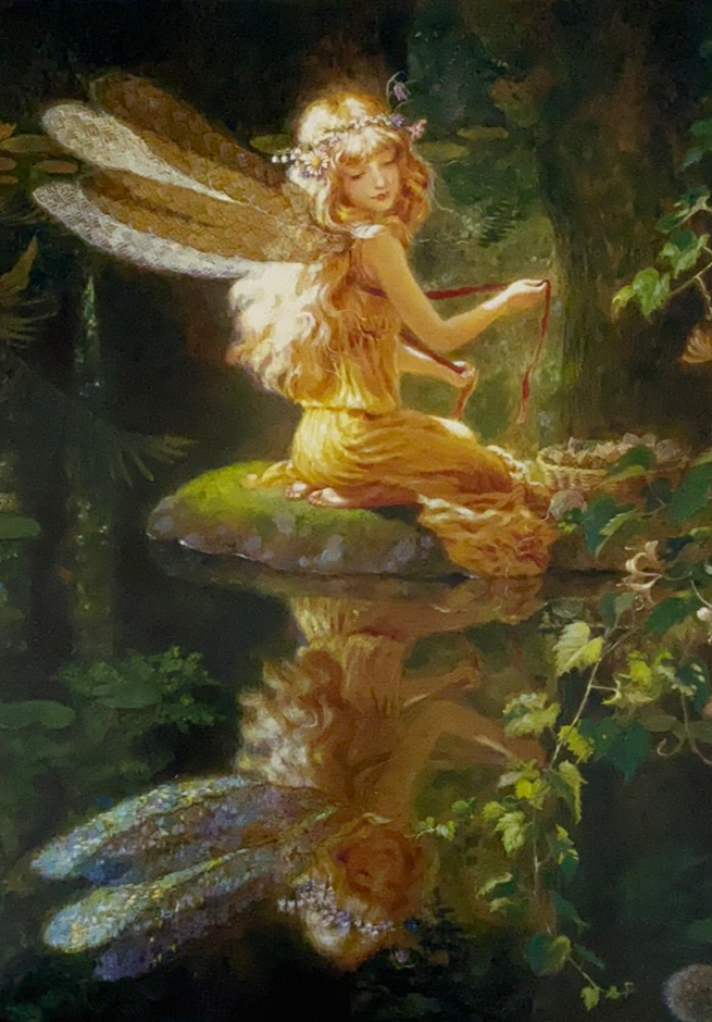 fairy sitting on a mushroom looking at her reflection 